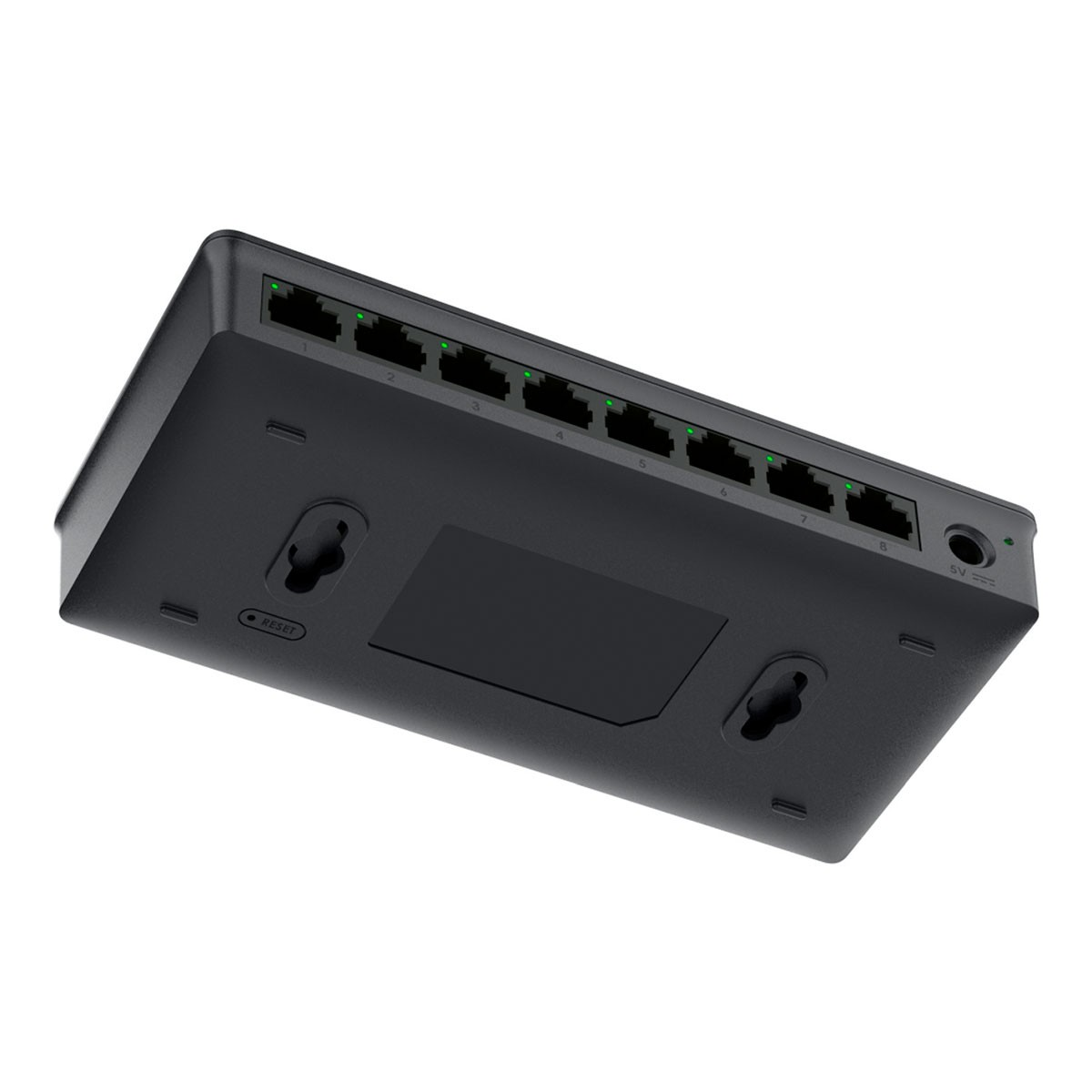 Switch di rete nero a 8 porte con pulsante di reset e ingresso 5V.
