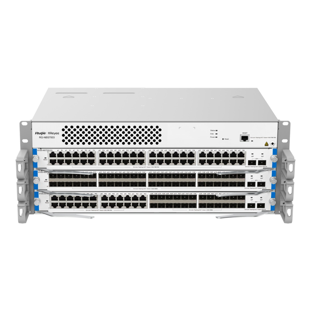 Uno switch di rete bianco con più livelli di porte Ethernet.