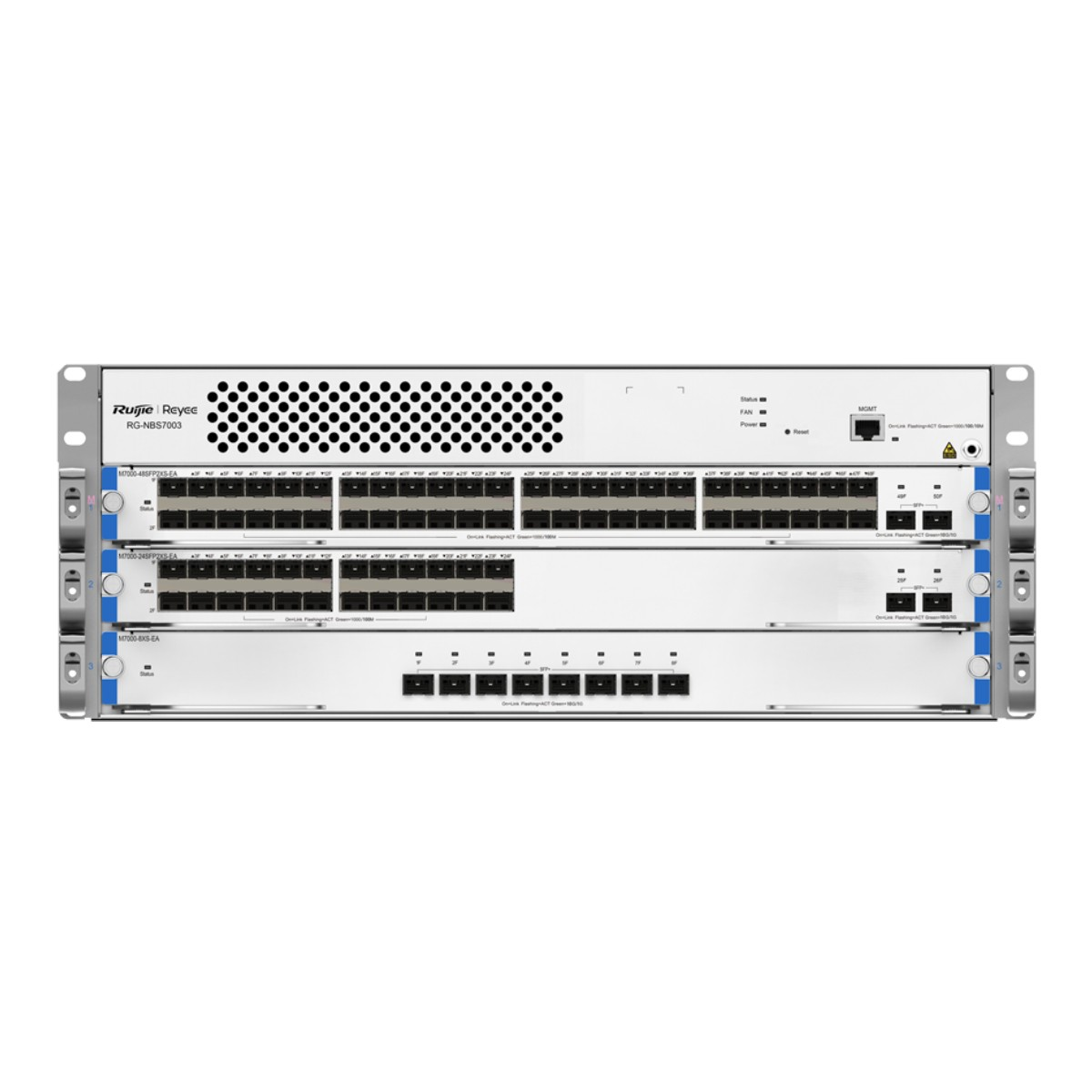 Uno switch di rete Ruijie Reyee RG-NBS7003 bianco con tre file di porte.