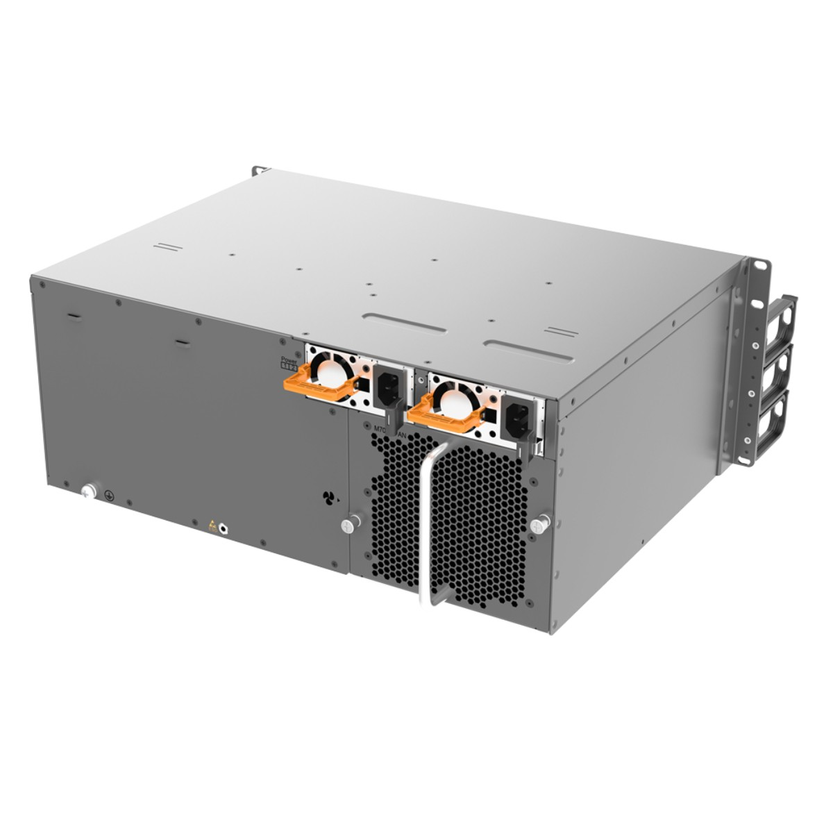 Un dispositivo grigio da montare su rack con due ventole e connettori di alimentazione frontali.