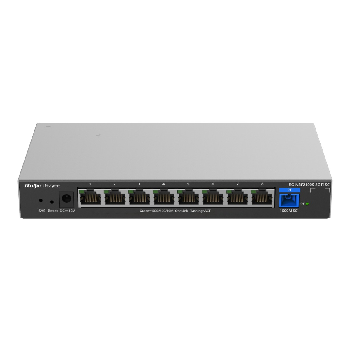 Uno switch di rete Ruijie Reyee con 8 porte Ethernet e 1 porta SC.