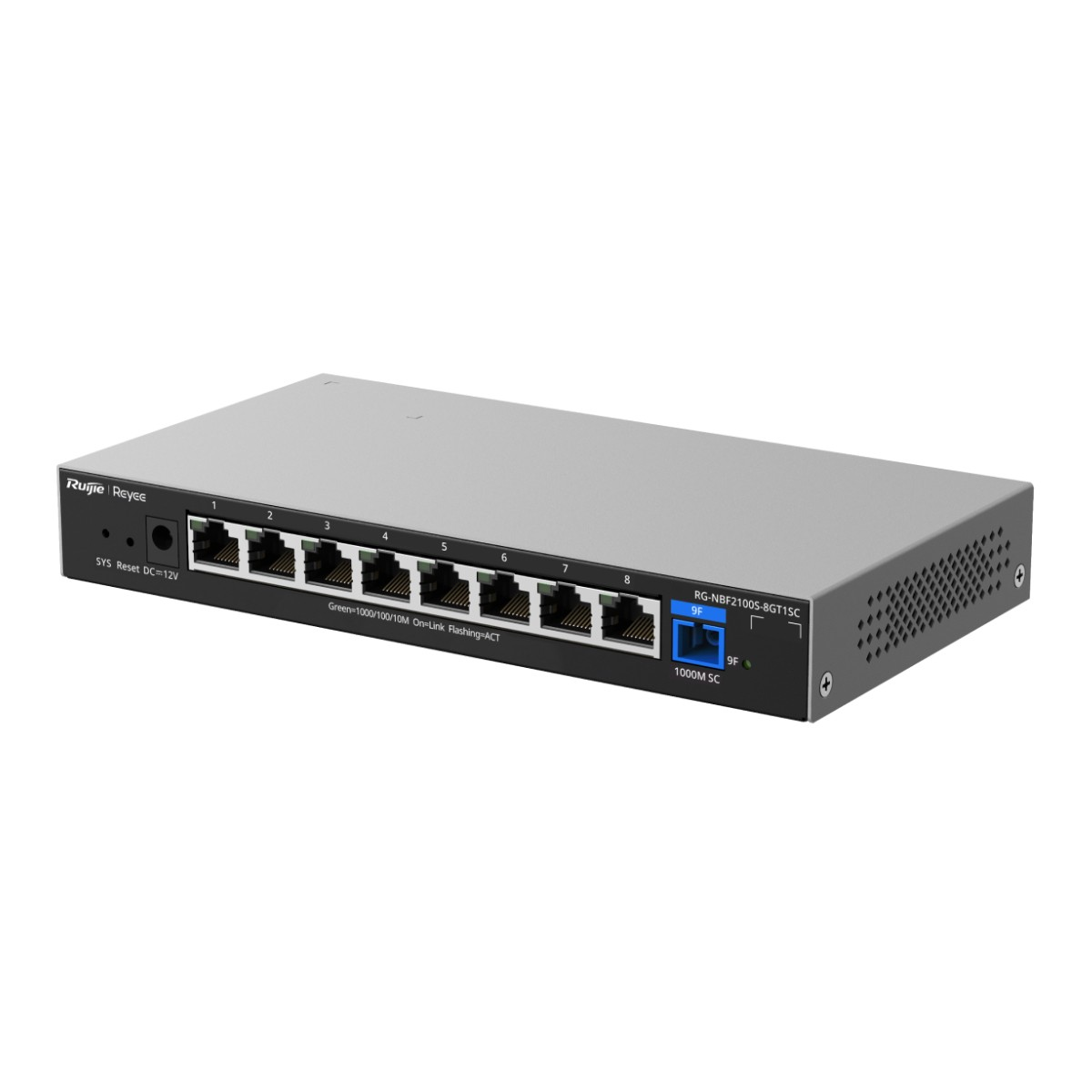 Uno switch di rete Ruijie Reyee grigio con 8 porte Ethernet e 1 porta SC.