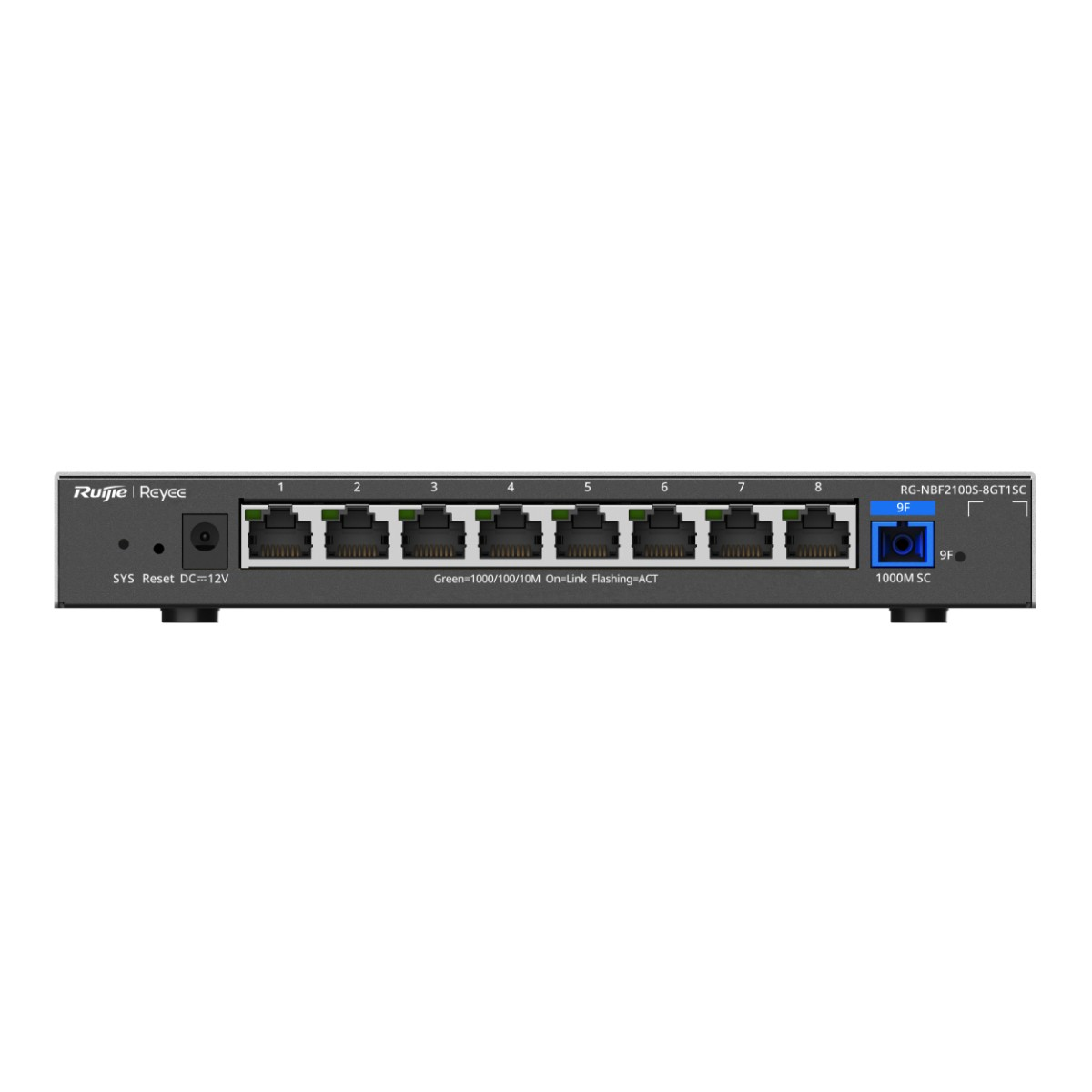 Uno switch di rete nero con 8 porte Ethernet e un connettore SC.