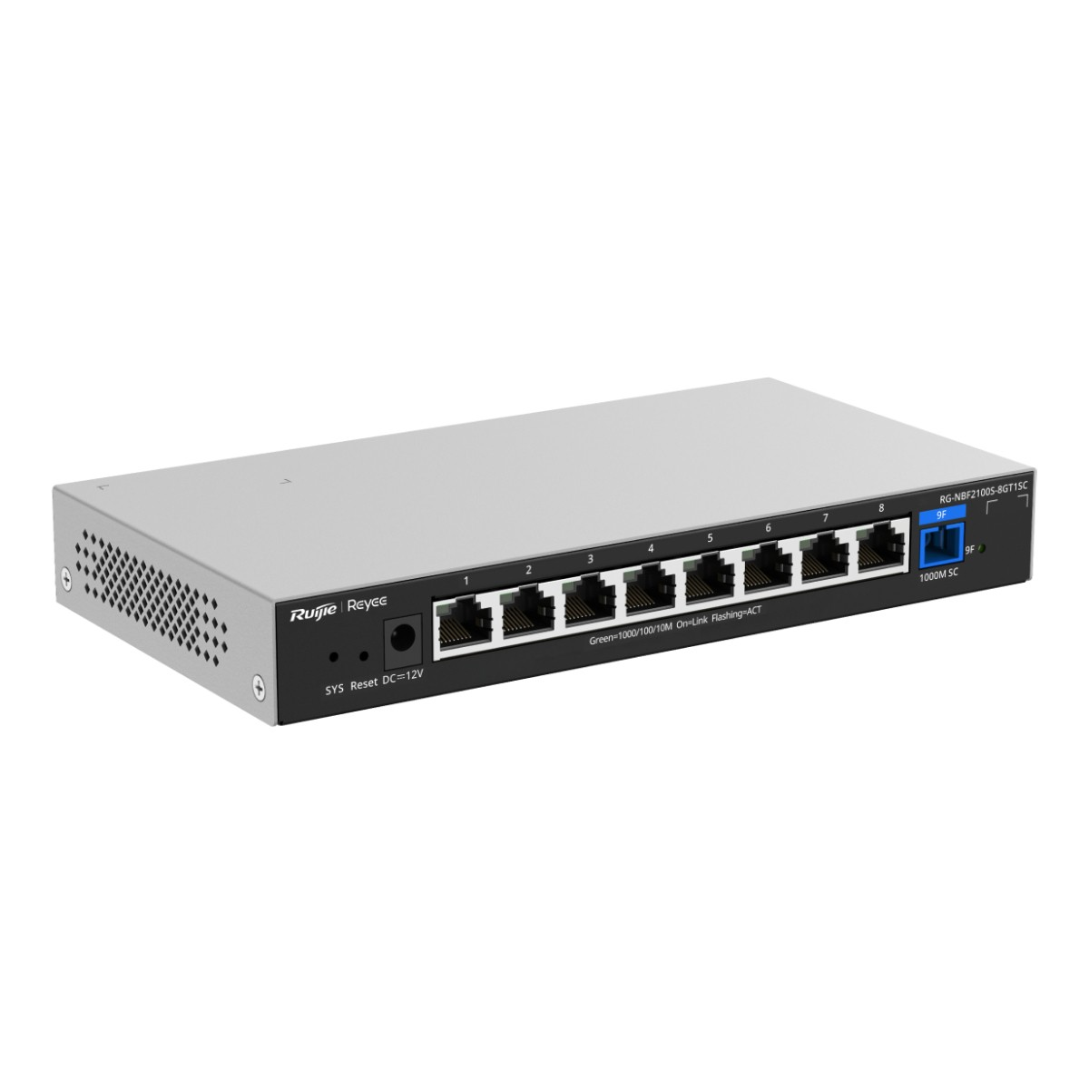 Uno switch di rete argentato con 8 porte Ethernet e 1 porta SC.