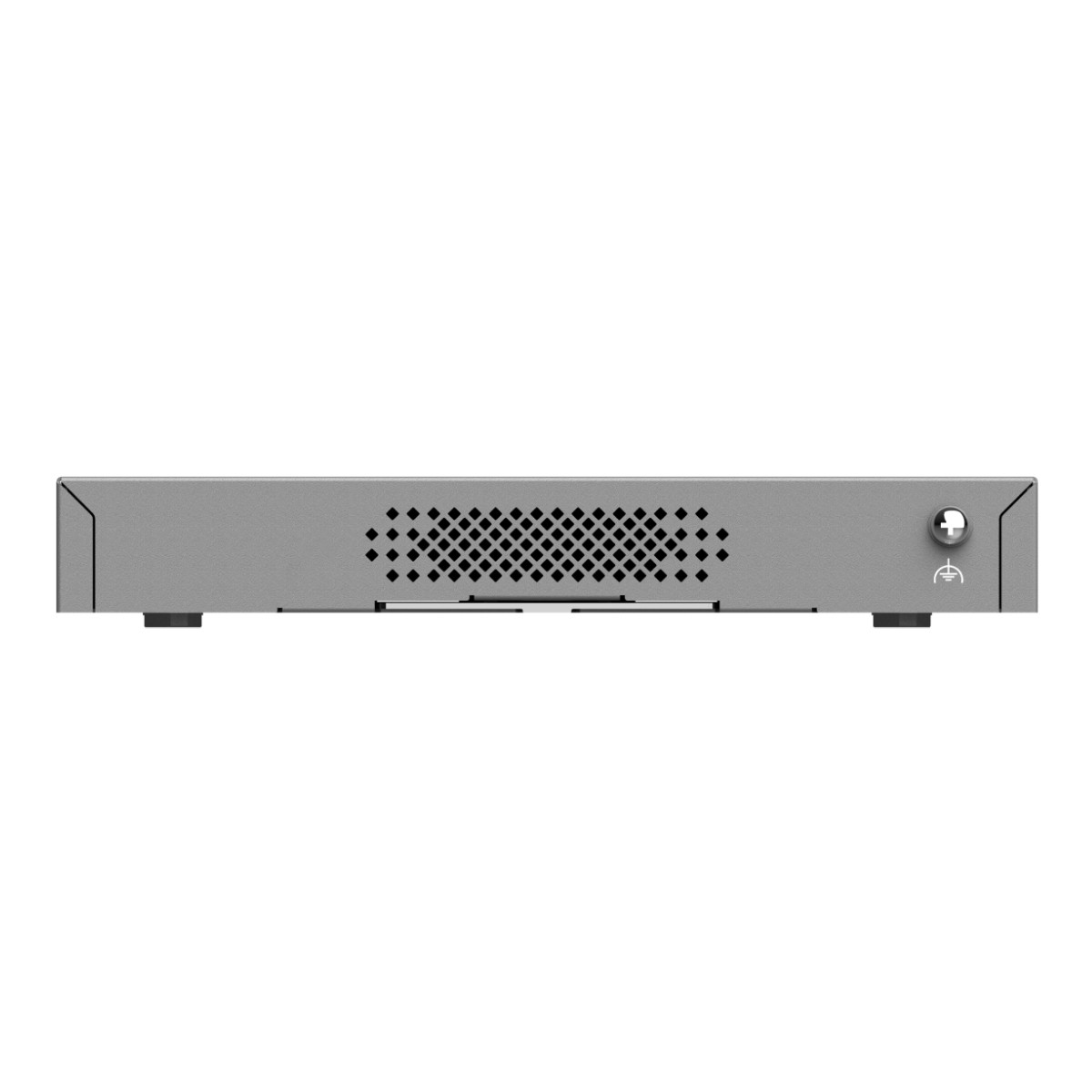Un dispositivo elettronico rettangolare grigio con fori di ventilazione e un pulsante.