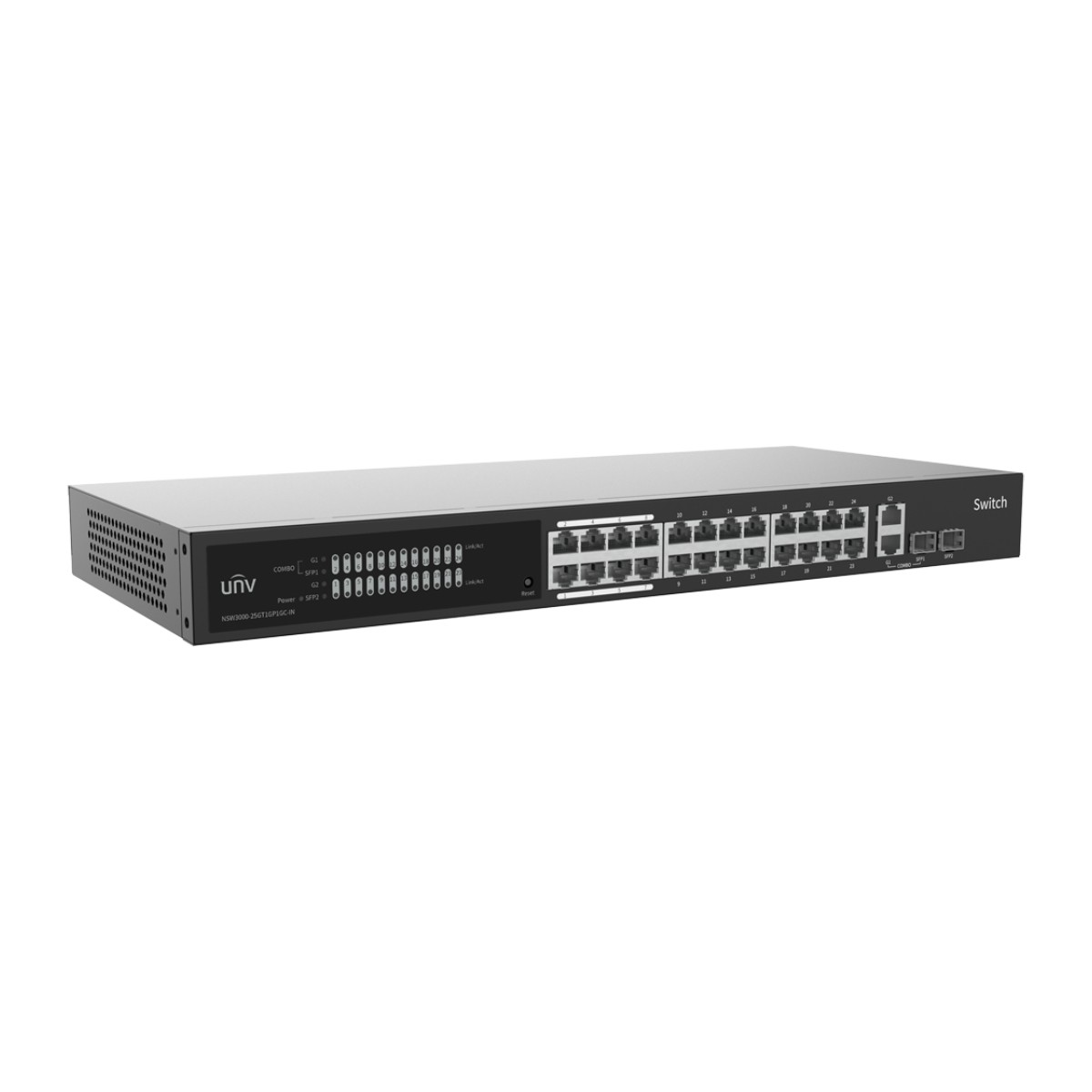 Uno switch di rete nero con 24 porte Ethernet e 4 porte SFP.