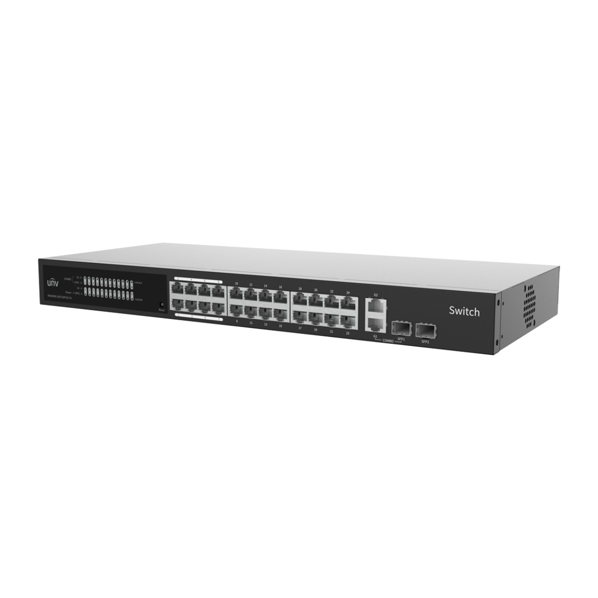 Uno switch di rete nero con 24 porte Ethernet e 2 porte SFP.