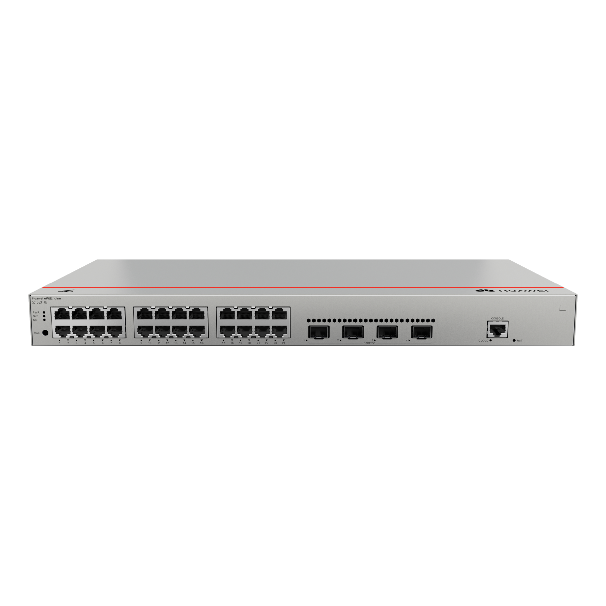 Uno switch di rete Huawei argentato con 24 porte Ethernet e 4 porte SFP.