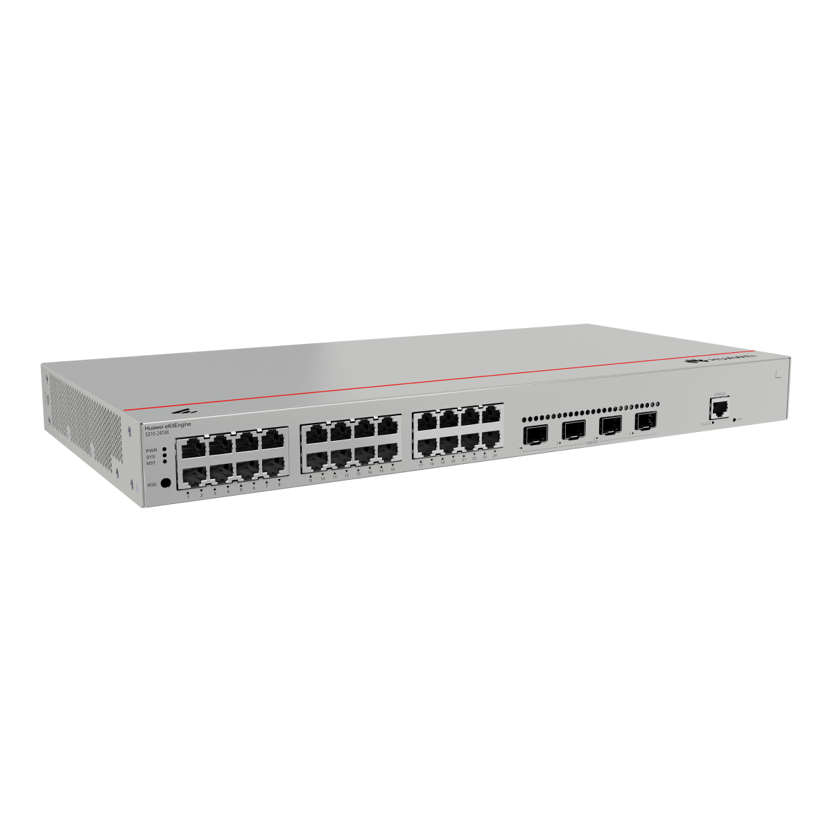 Uno switch di rete Huawei argentato con 24 porte Ethernet e connettori aggiuntivi.