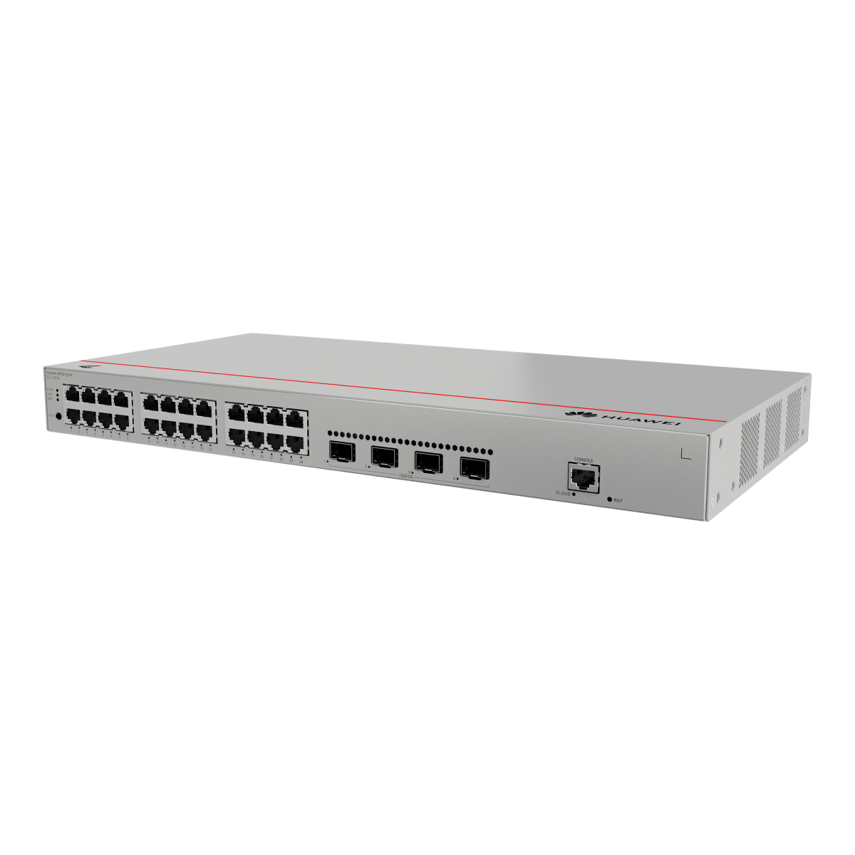 Uno switch di rete argentato con molte porte e il logo Huawei.