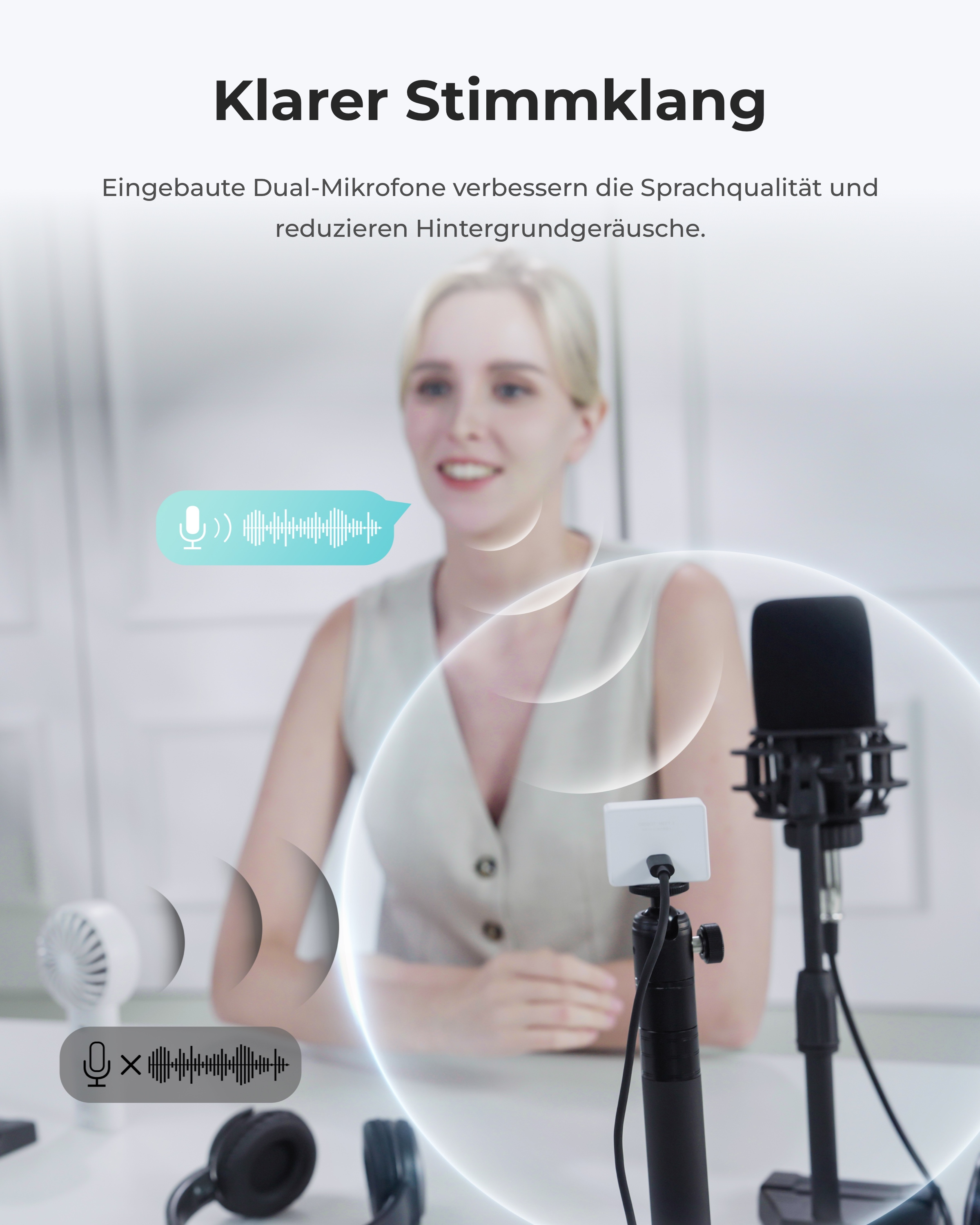 Eine Frau spricht in ein Mikrofon, eine Schallwelle wird angezeigt.
