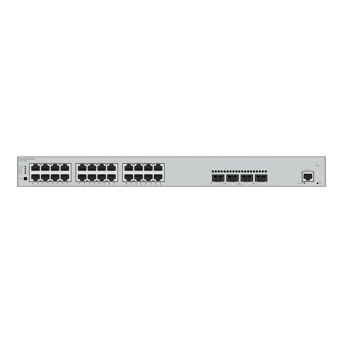 Uno switch di rete argentato con 24 porte Ethernet e 4 porte da 10 Gbps.