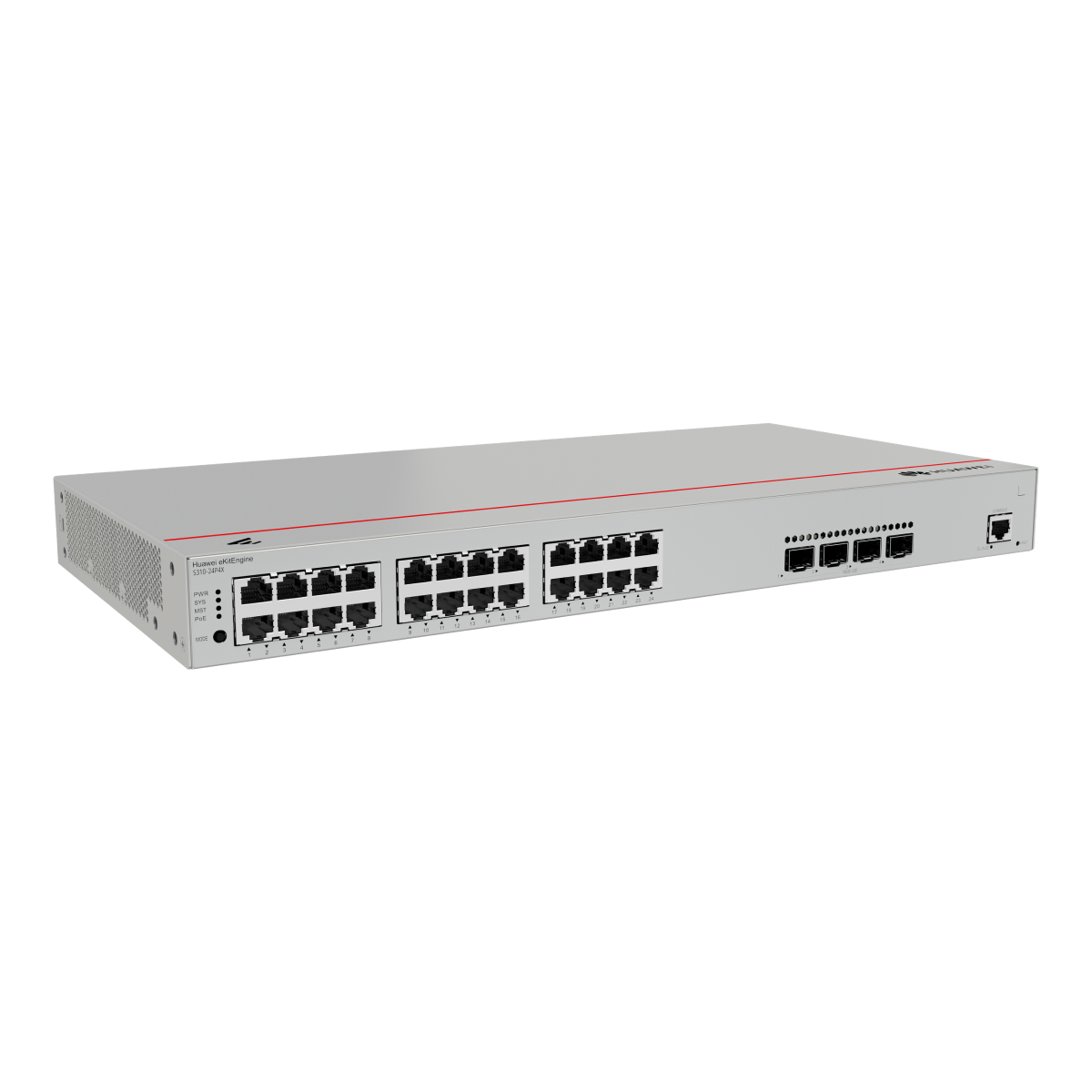 Uno switch di rete Huawei argentato con 24 porte e LED di alimentazione e stato.