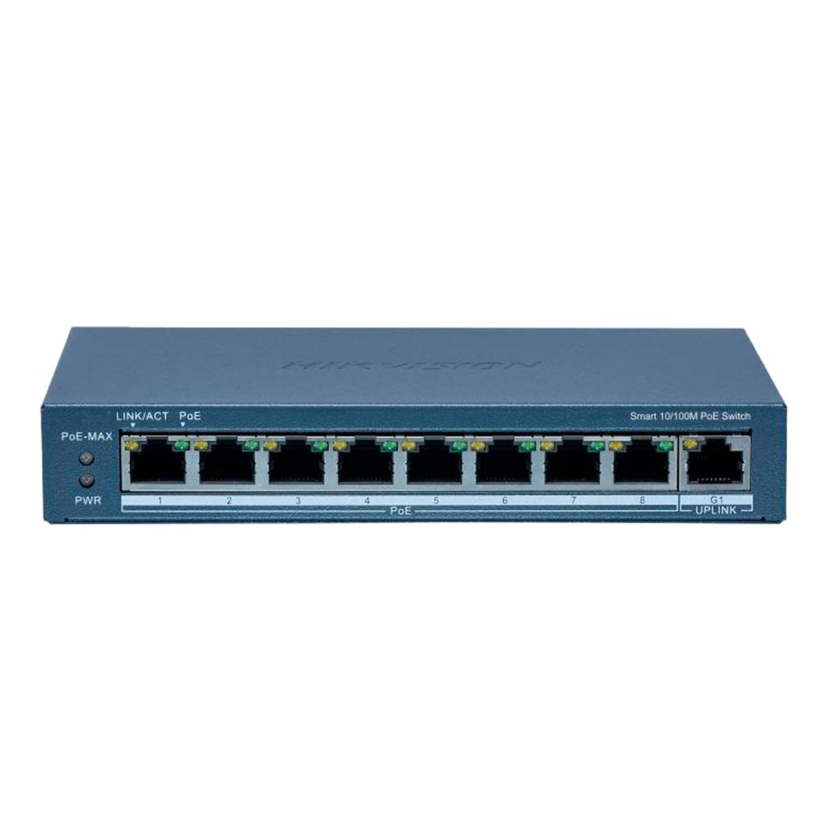 Uno switch PoE Smart 10/100M blu a 8 porte con porte e spie.