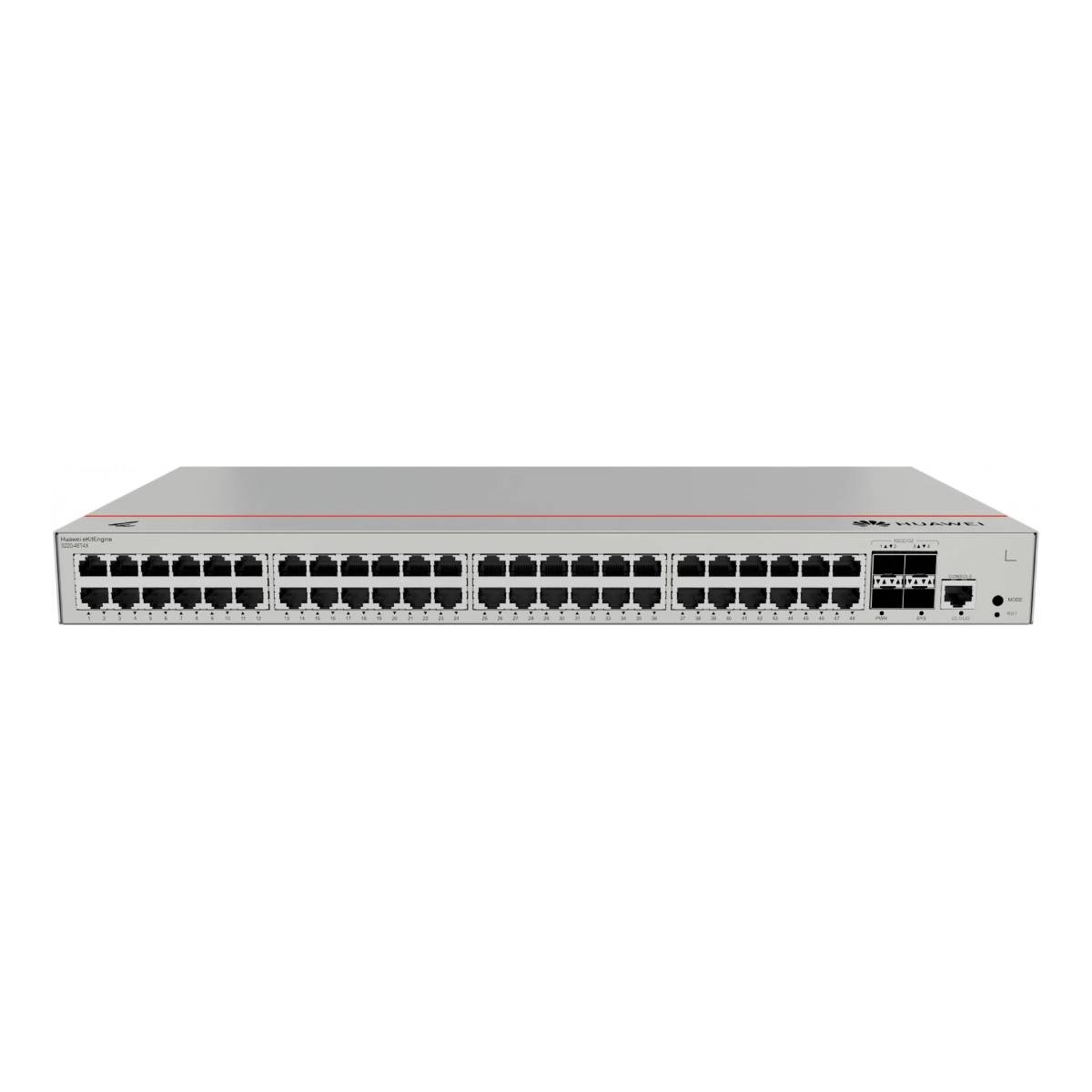 Uno switch di rete argentato da 48 porte con logo Huawei.