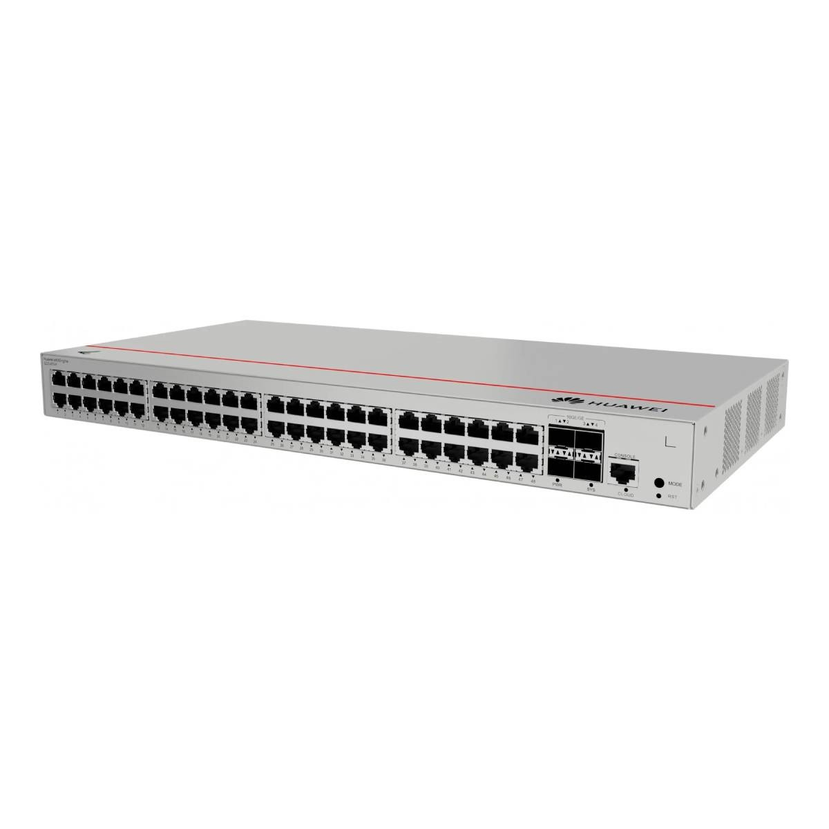 Uno switch di rete Huawei argentato con molte porte e accenti rossi.