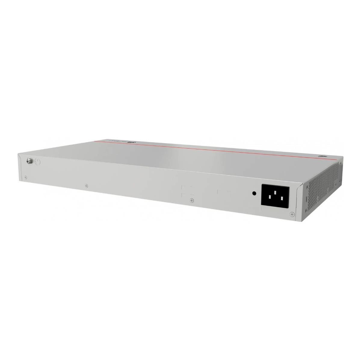 Un dispositivo rack argentato con linee rosse, ingresso alimentazione e griglia di ventilazione.