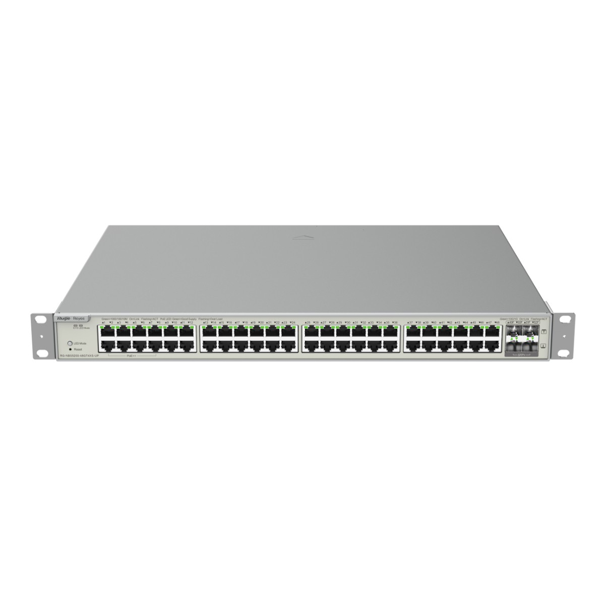 Uno switch di rete argentato con 48 porte Ethernet e indicatori LED sul pannello frontale.