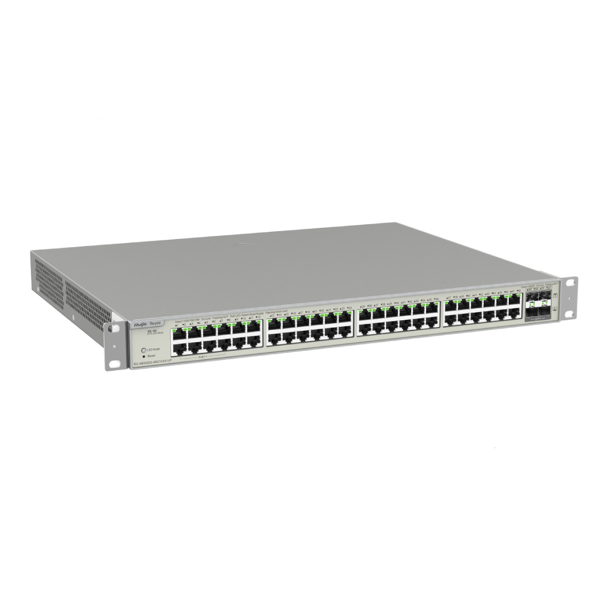 Uno switch di rete argentato con molte porte e LED sul pannello frontale.
