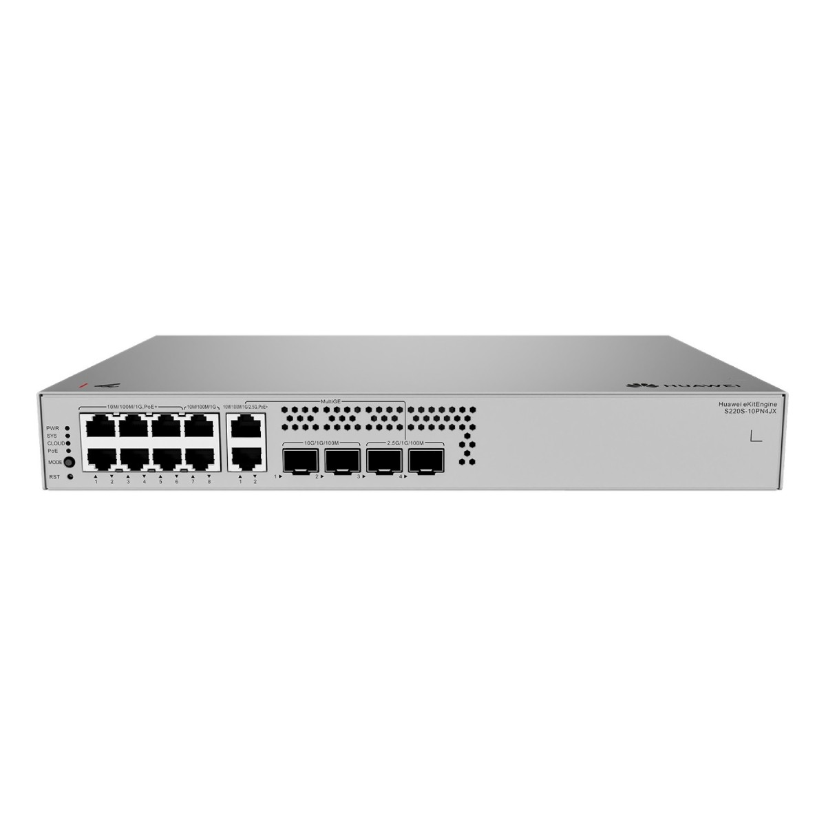 Uno switch di rete Huawei argentato con porte multiple e indicatori LED.