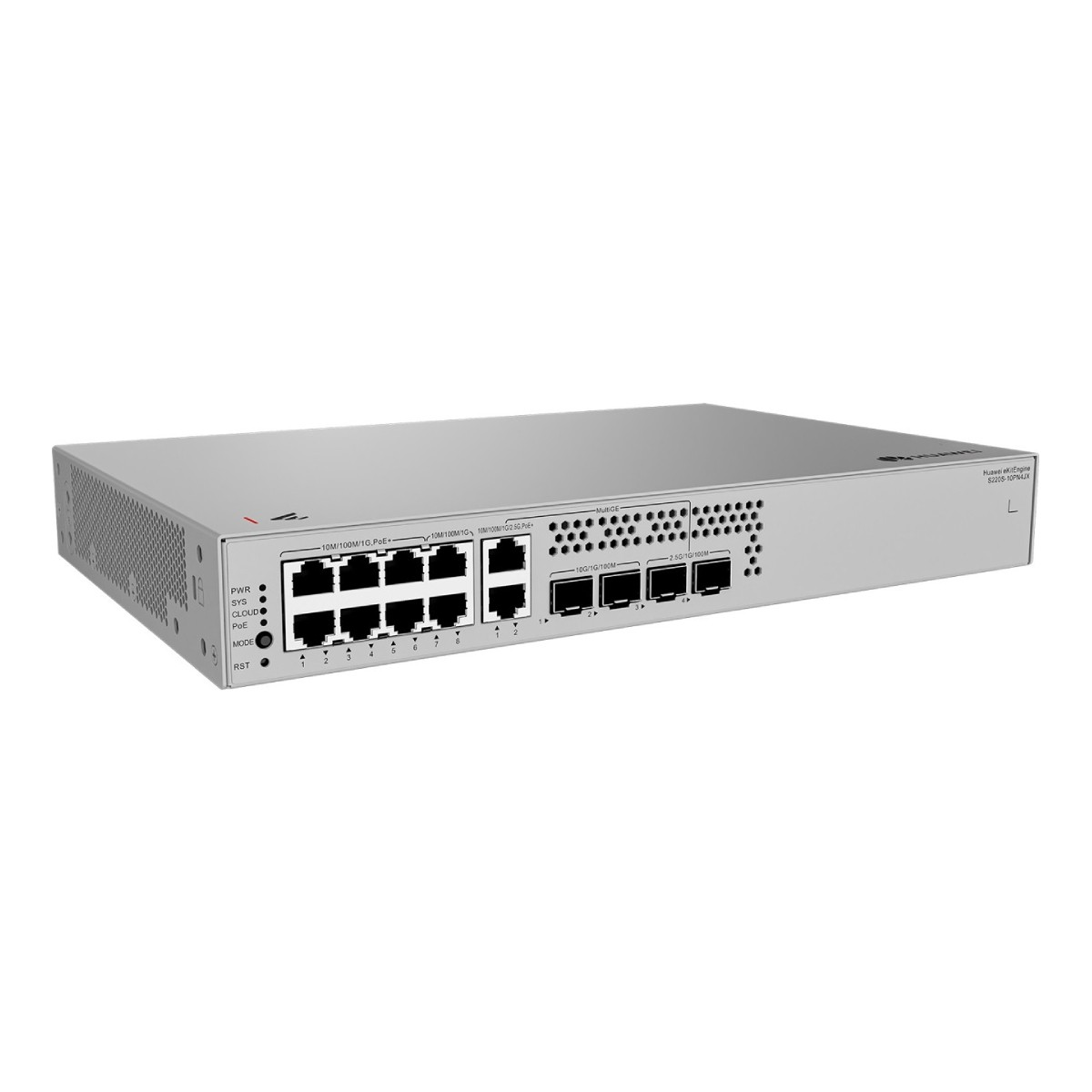 Uno switch di rete argentato con più porte Ethernet e spie di stato.
