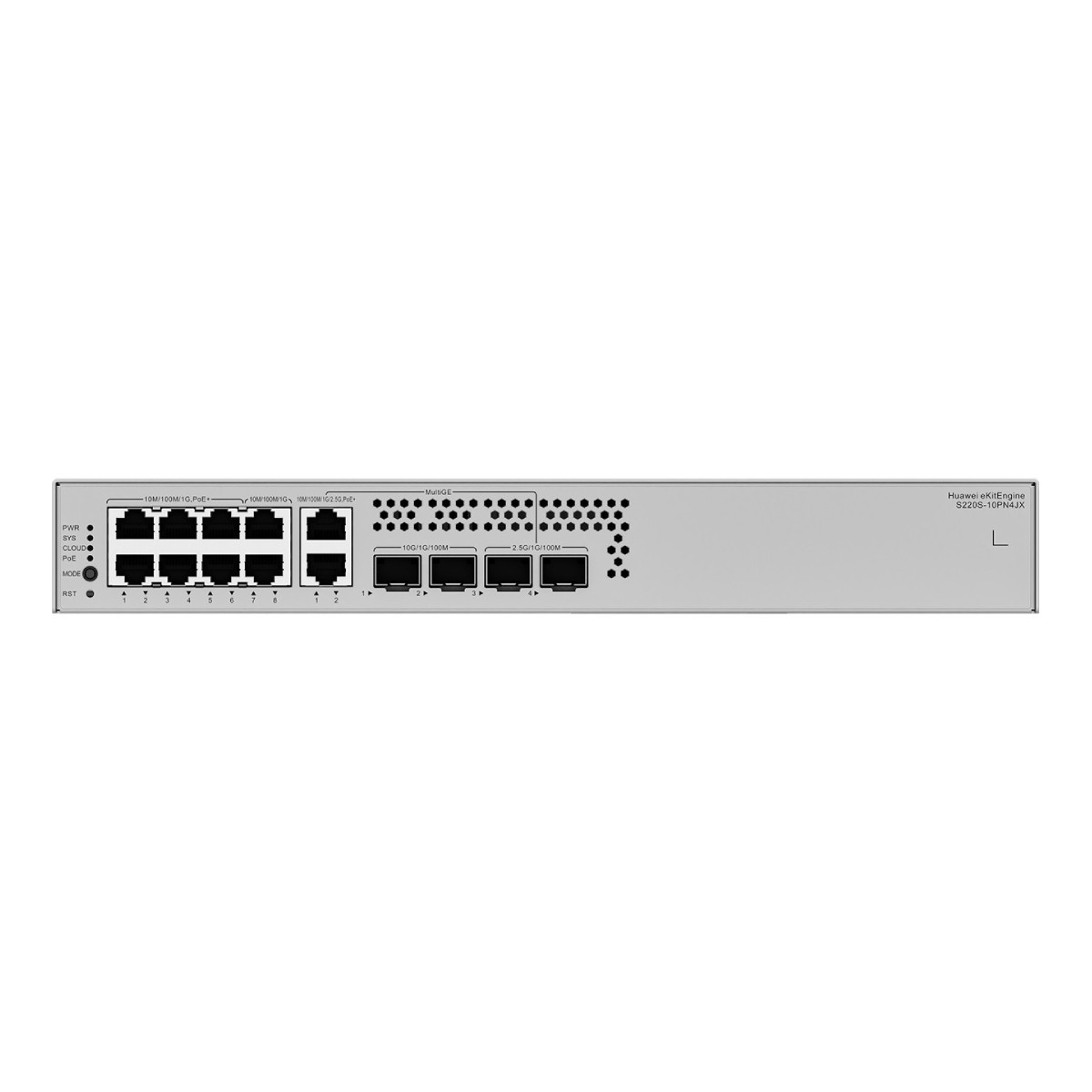 Switch di rete Huawei argentato con più porte e indicatori LED.