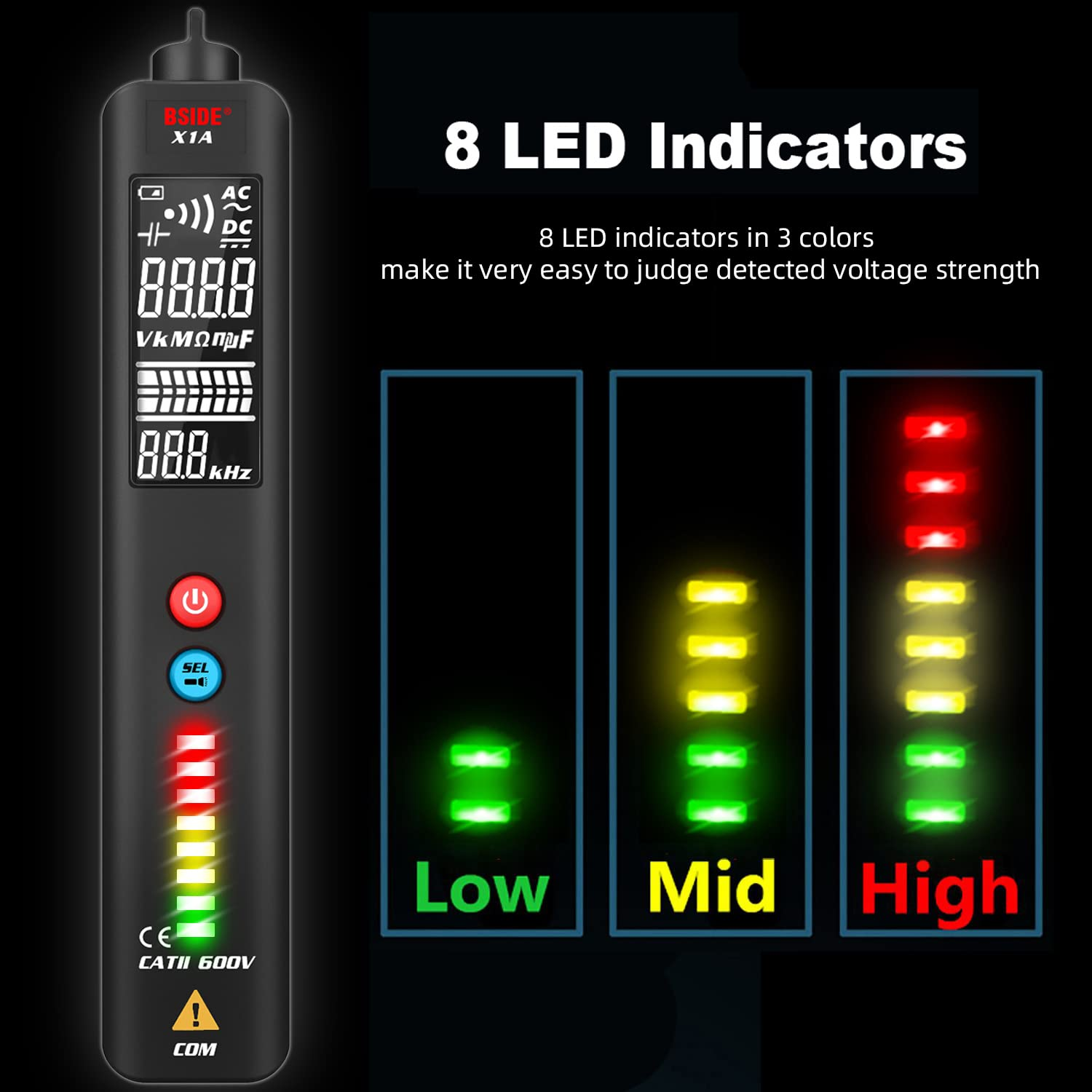 Ein Spannungsprüfer mit 8 LED-Anzeigen für niedrige, mittlere und hohe Werte.