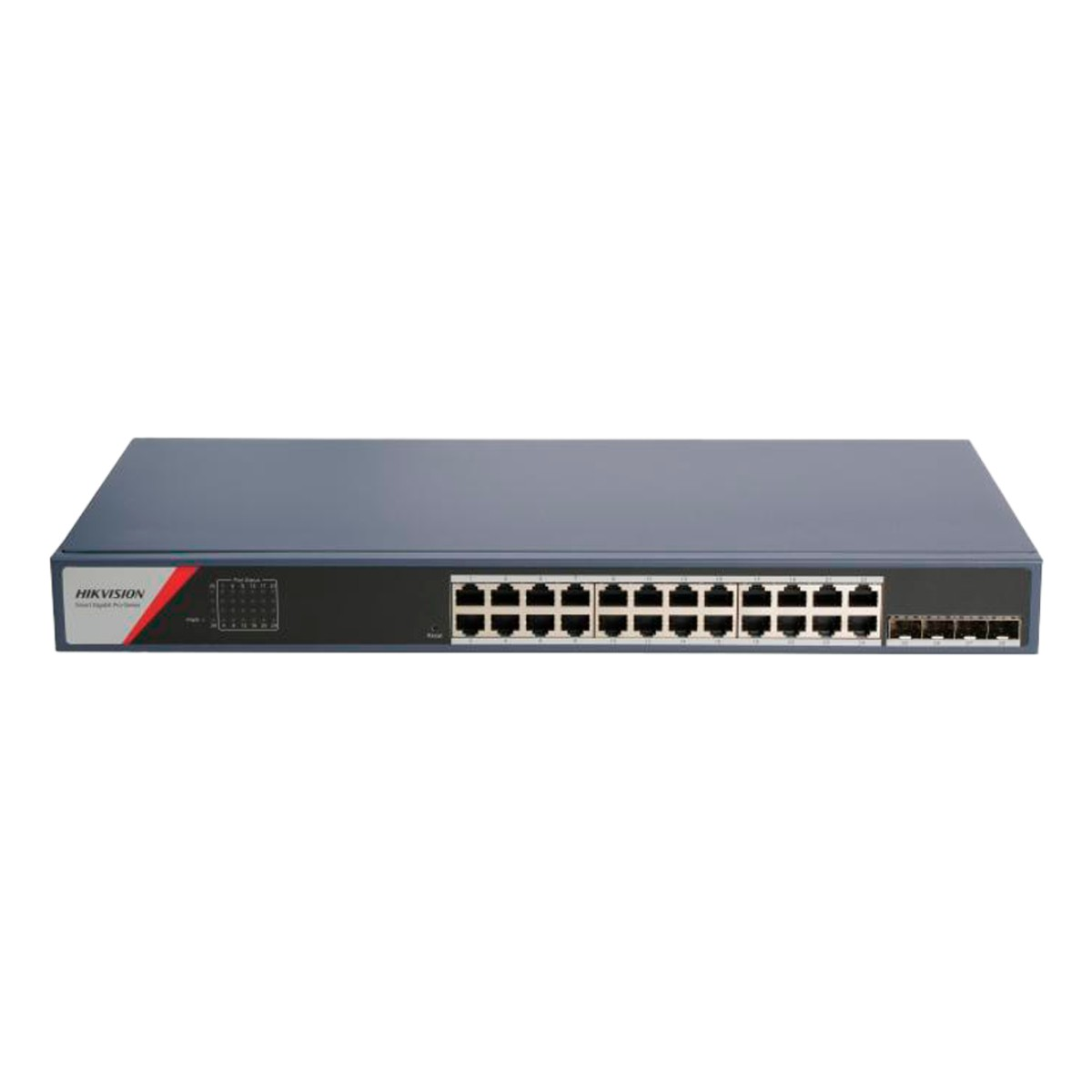 Uno switch di rete Hikvision grigio con 24 porte e spie luminose.