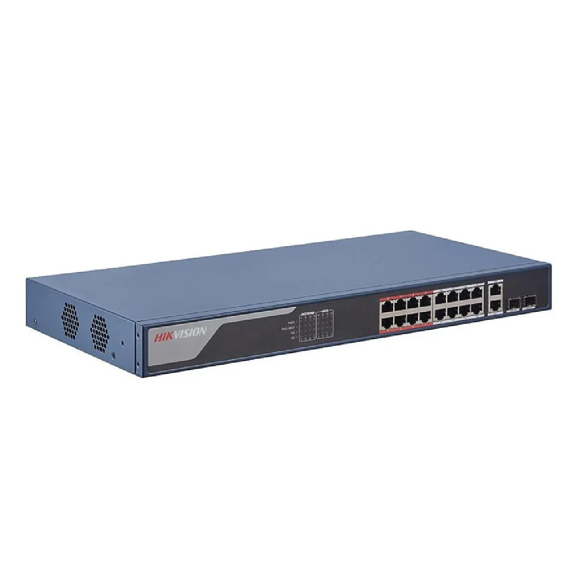 Uno switch di rete Hikvision blu con più porte Ethernet e spie luminose.