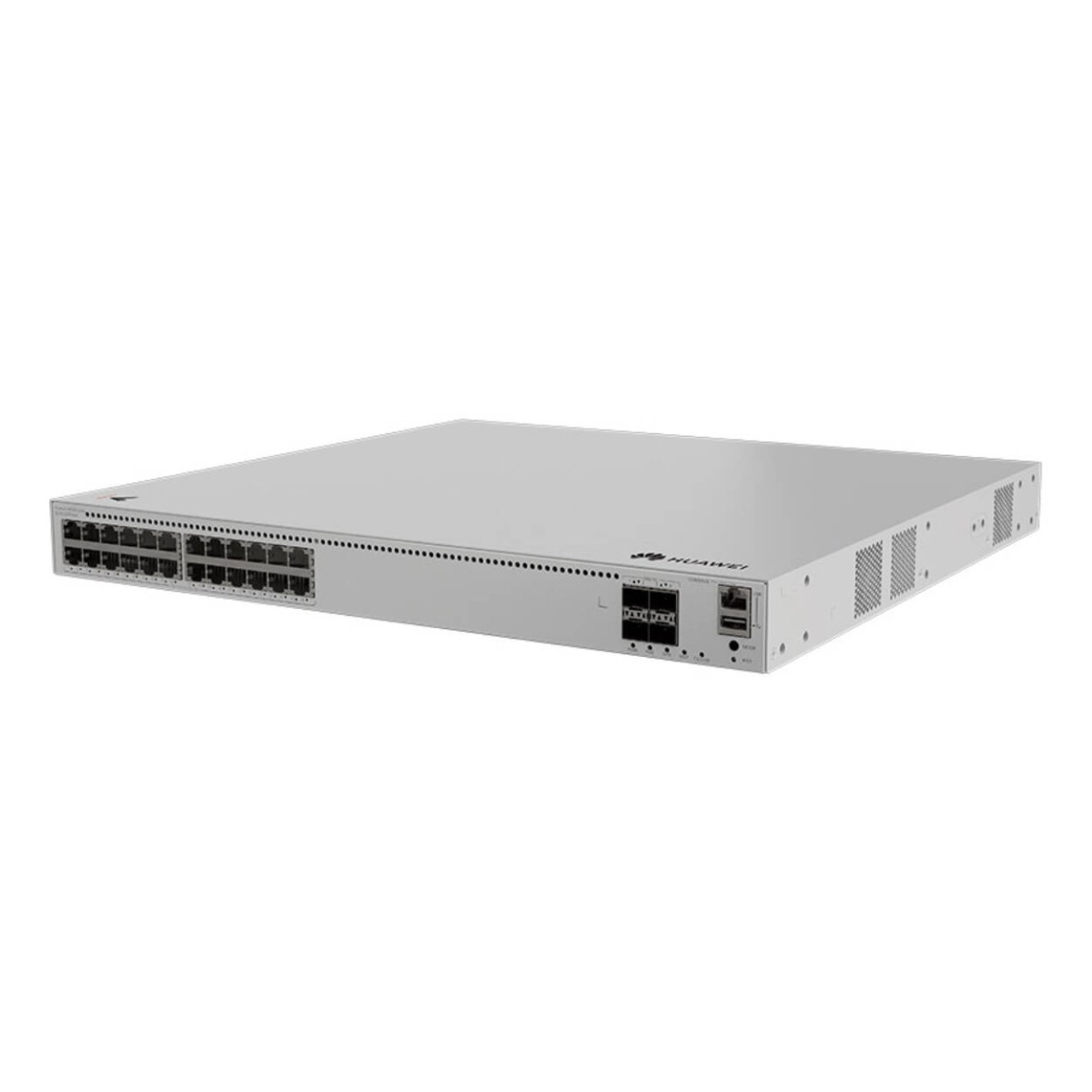 Uno switch di rete Huawei argentato con numerose porte sul davanti.