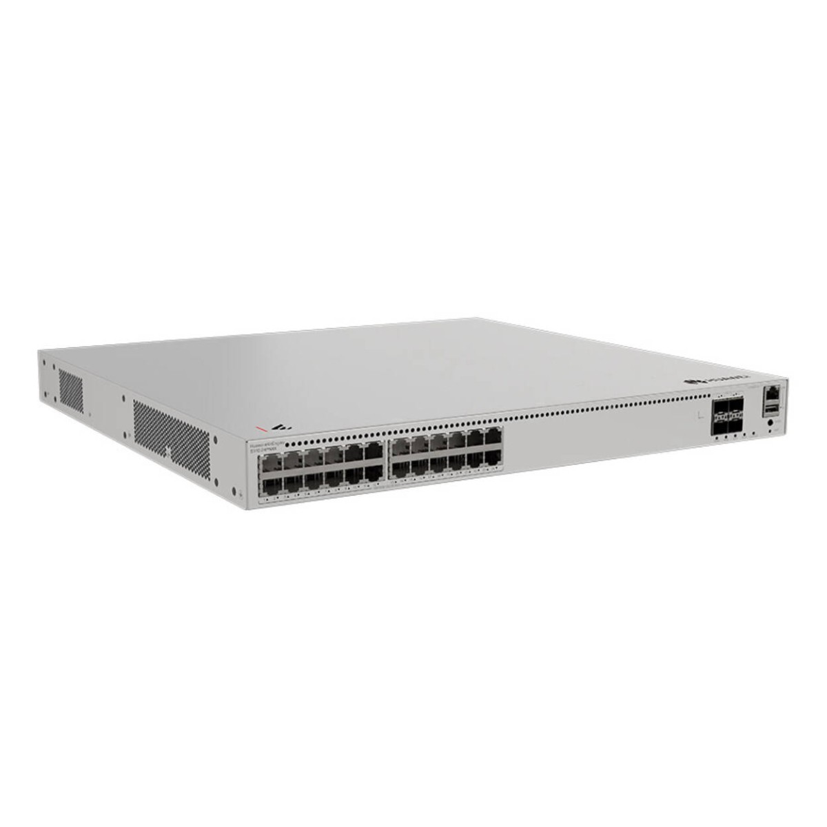 Switch di rete argentato con 24 porte sul davanti e ventilazione sul lato.
