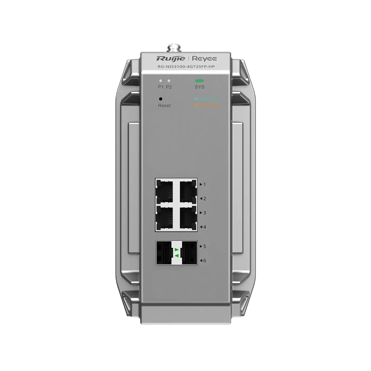 Uno switch di rete argentato con 4 porte Ethernet e 2 porte SFP.