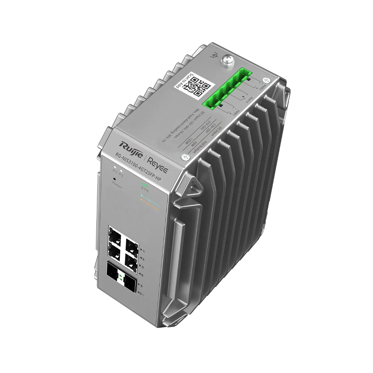 Uno switch di rete industriale argentato con porte ed etichette. Ha un connettore verde in cima.