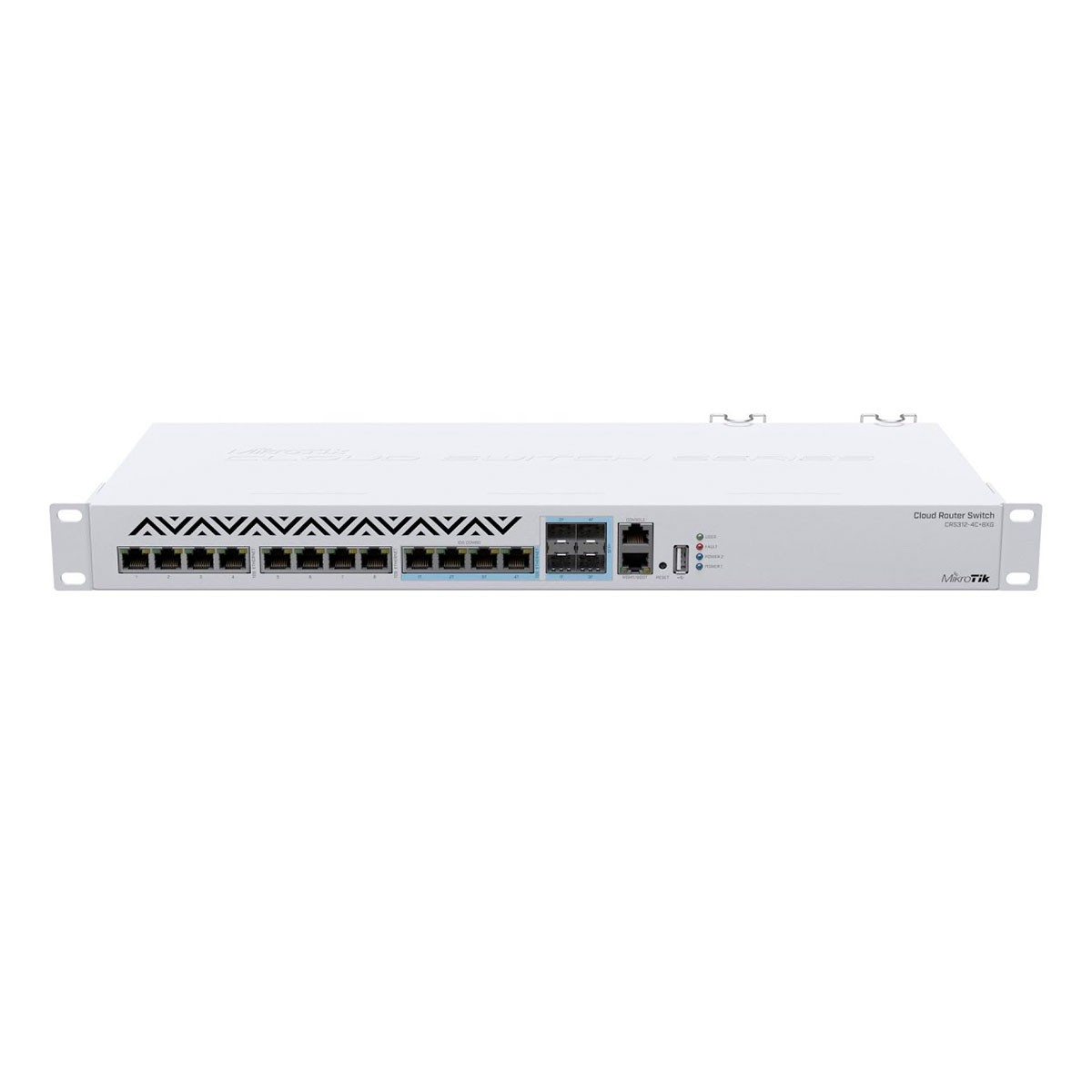 Switch router cloud bianco con 12 porte e logo Mikrotik.