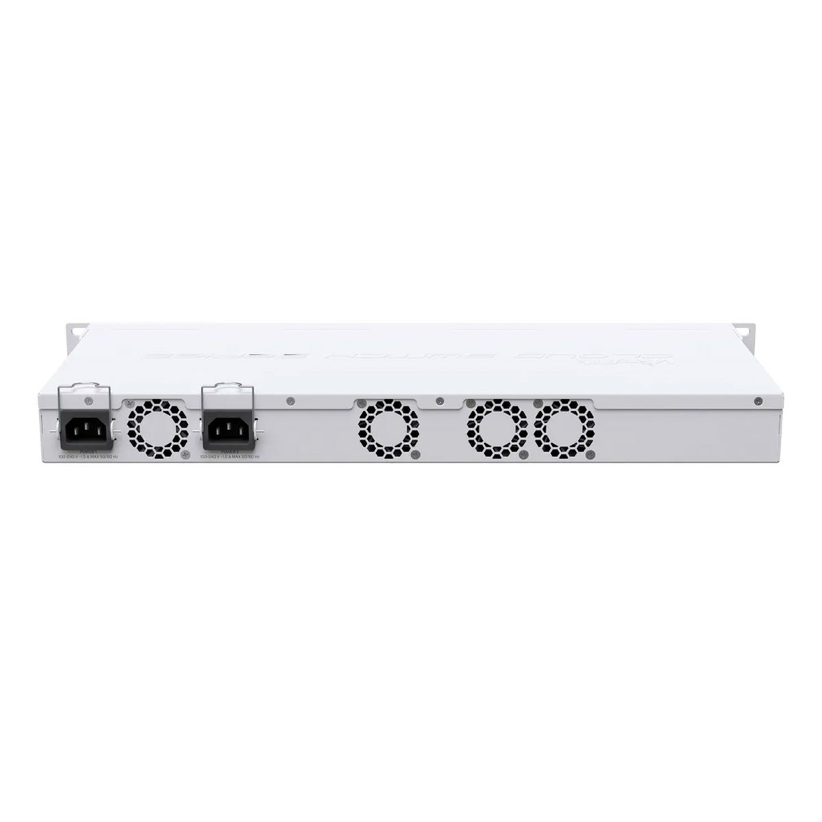 Un dispositivo bianco montato su rack con due ingressi di alimentazione e quattro ventole.