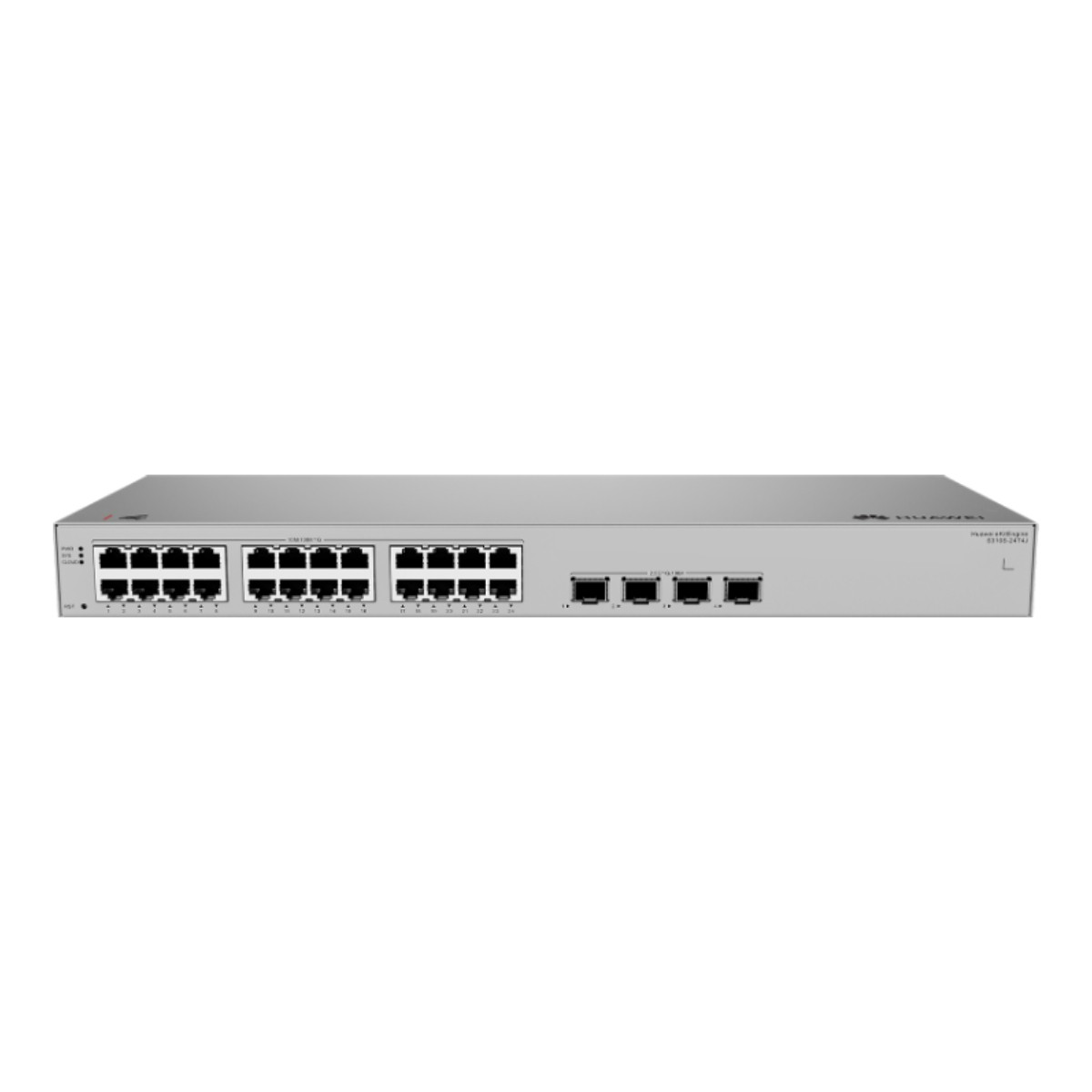 Switch di rete Huawei argentato con 24 porte Ethernet e 4 porte SFP.