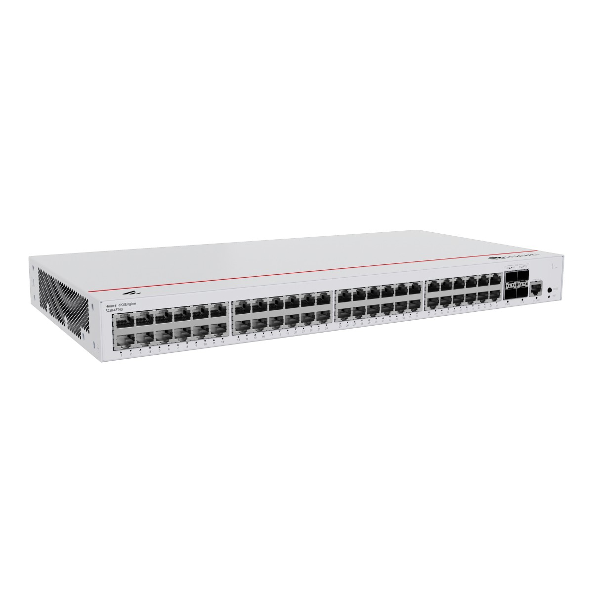Uno switch di rete bianco con numerose porte Ethernet e accenti rossi.