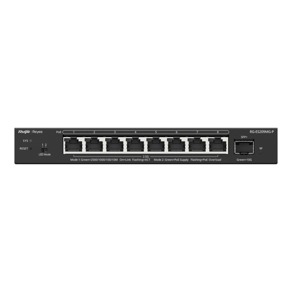 8 Ethernet ve 2 SFP+ portlu siyah ağ anahtarı.