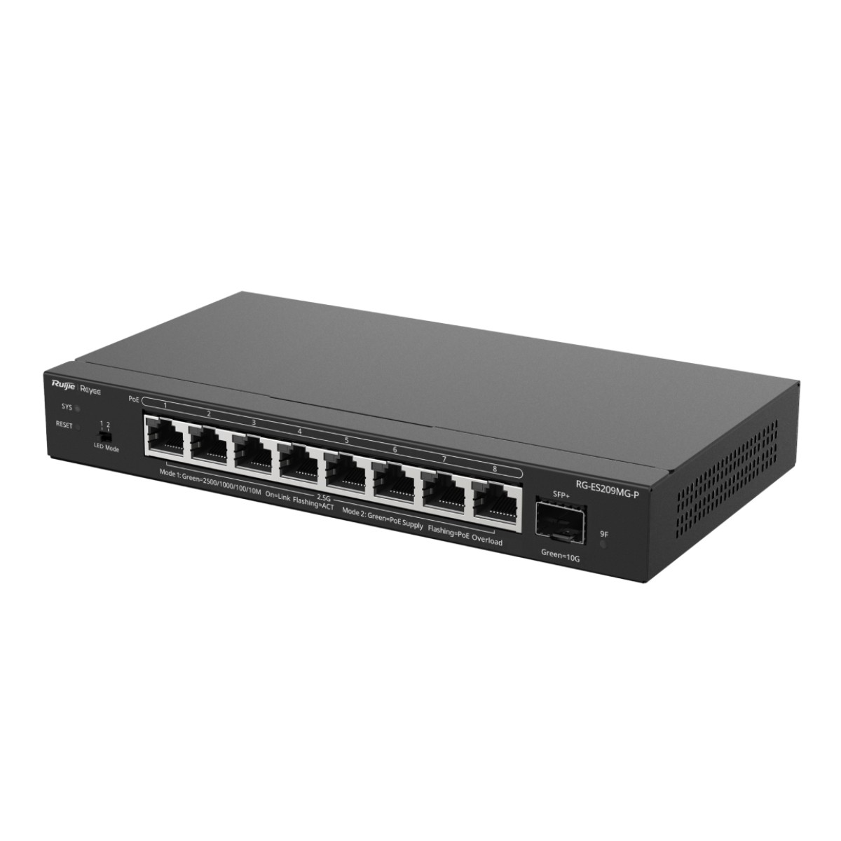8 Ethernet bağlantı noktası ve 1 SFP+ bağlantı noktasına sahip siyah Ruijie Reyee RG-ES209MG-P ağ anahtarı.