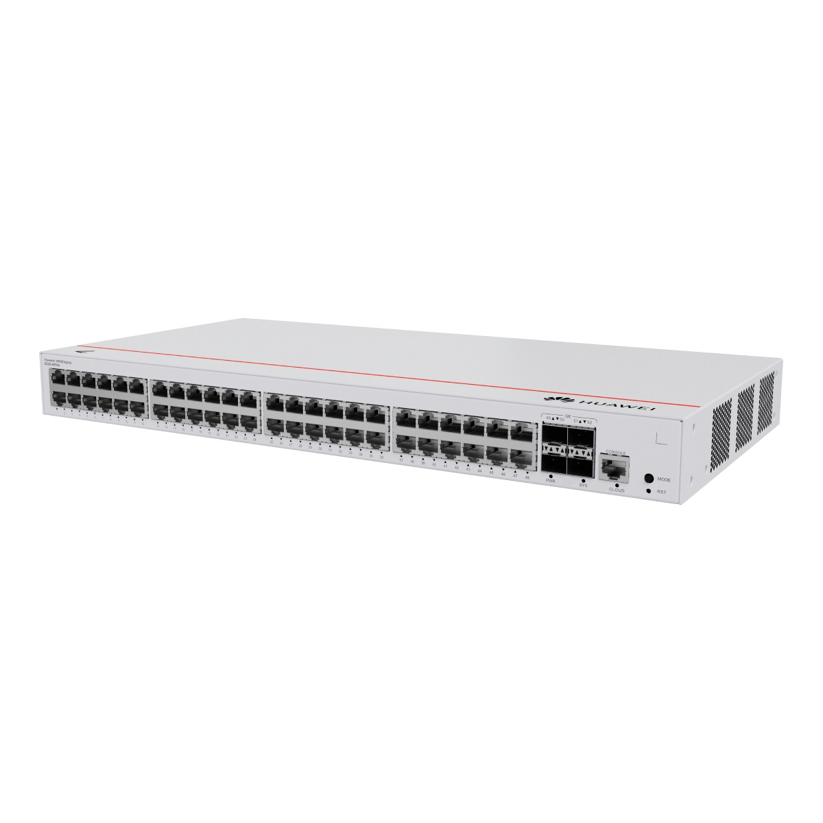 Uno switch di rete Huawei bianco con 48 porte e accenti rossi.