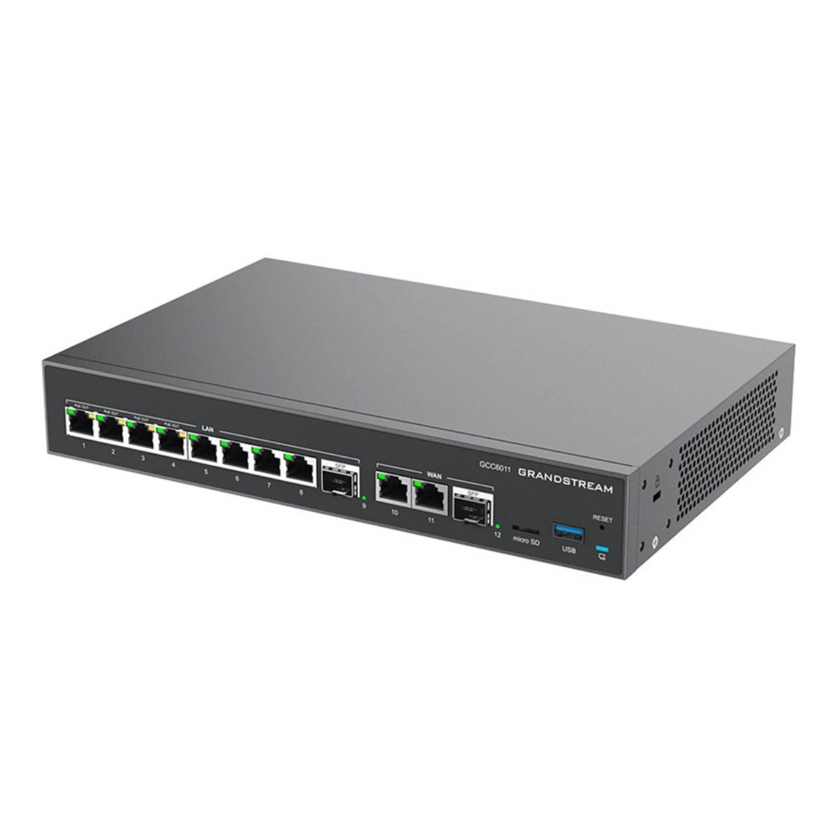 Un router Grandstream GCC8011 nero con porte LAN, WAN, micro SD e USB.