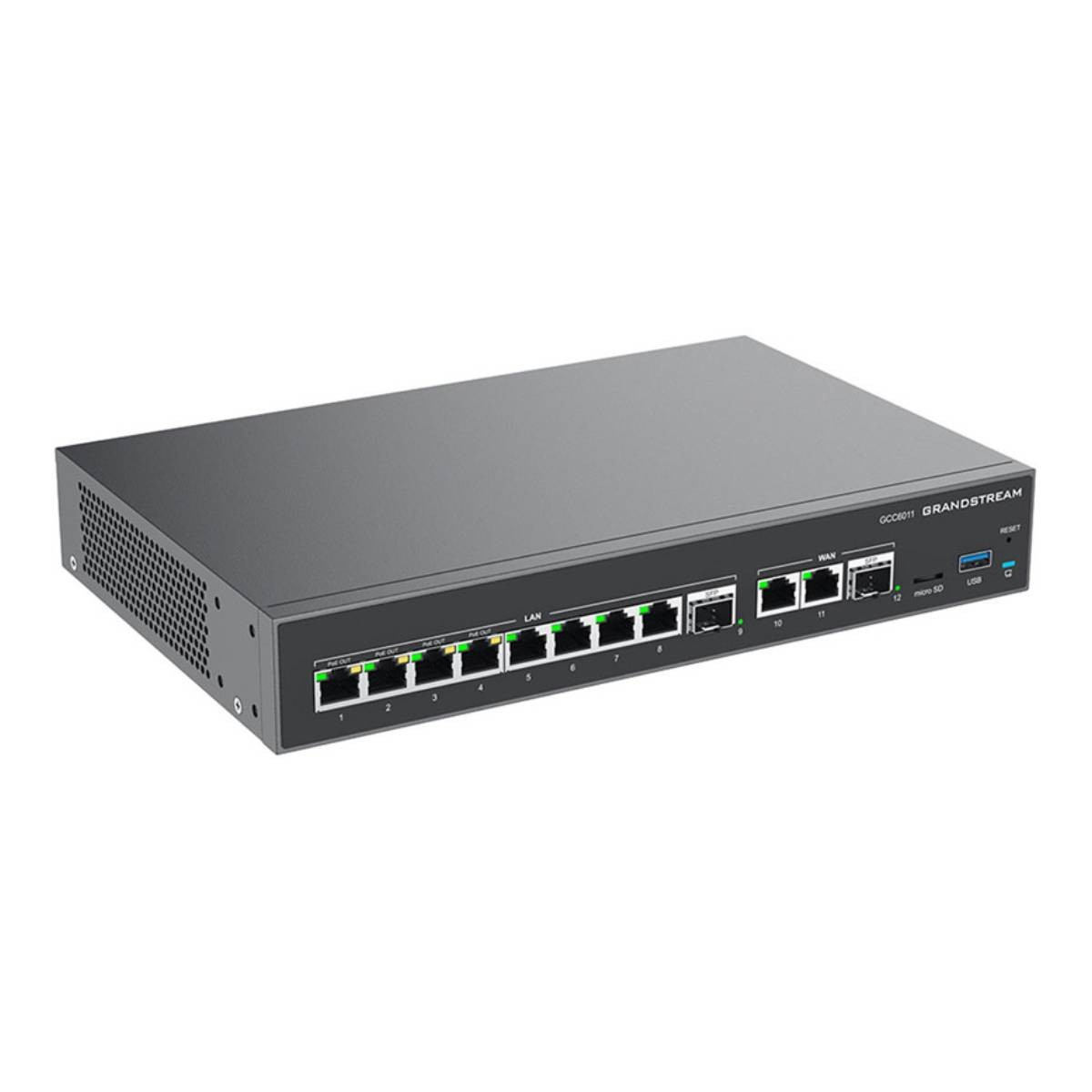 Un dispositivo di rete Grandstream GCC6011 grigio con più porte anteriori.
