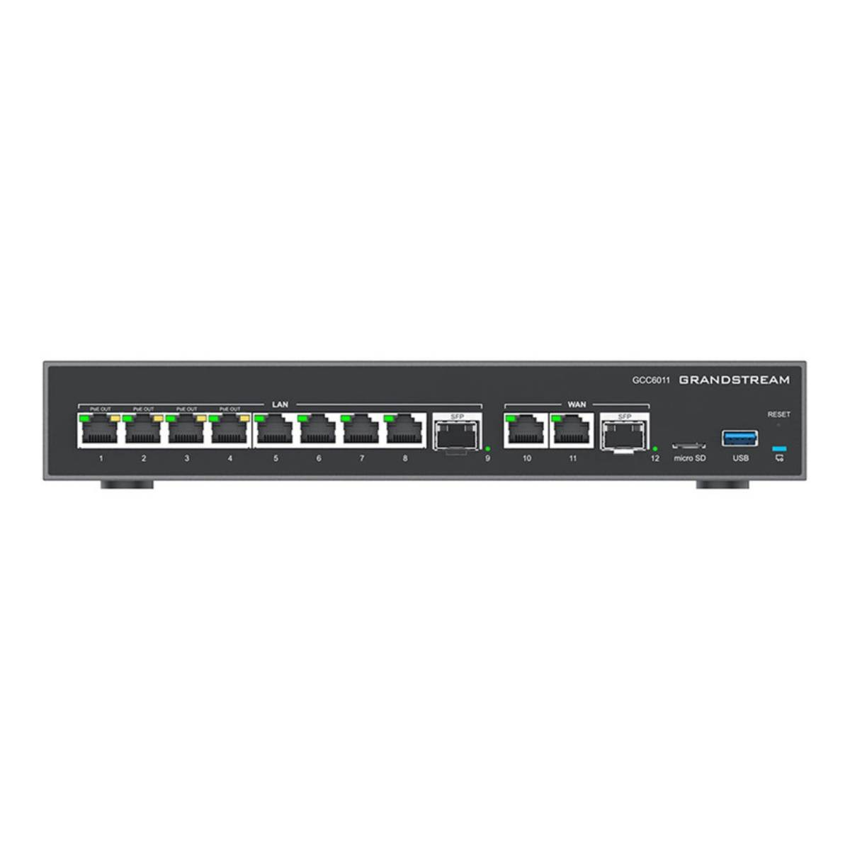 Pannello frontale del router Grandstream GCC6011 con porte LAN, WAN, SFP, USB e slot micro SD etichettati.
