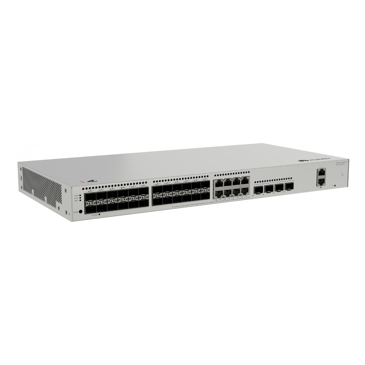 Uno switch di rete argentato con numerose porte e spie luminose.