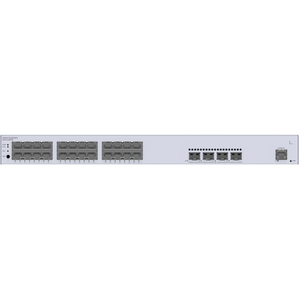 Un pannello switch di rete argentato con molte porte Ethernet e spie luminose.