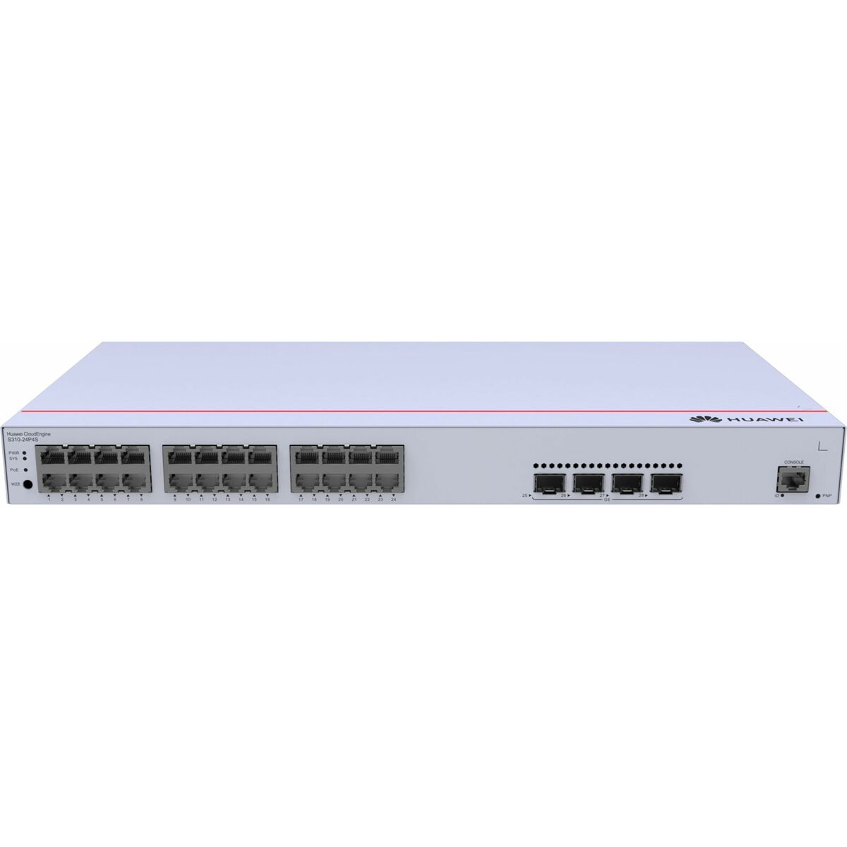 Pannello frontale di uno switch Huawei CloudEngine bianco con 24 porte Ethernet e porte console/PNP.