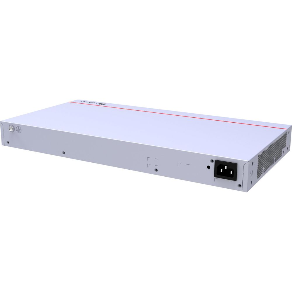 Uno switch di rete piatto e bianco con linee rosse sopra e porte sul retro.