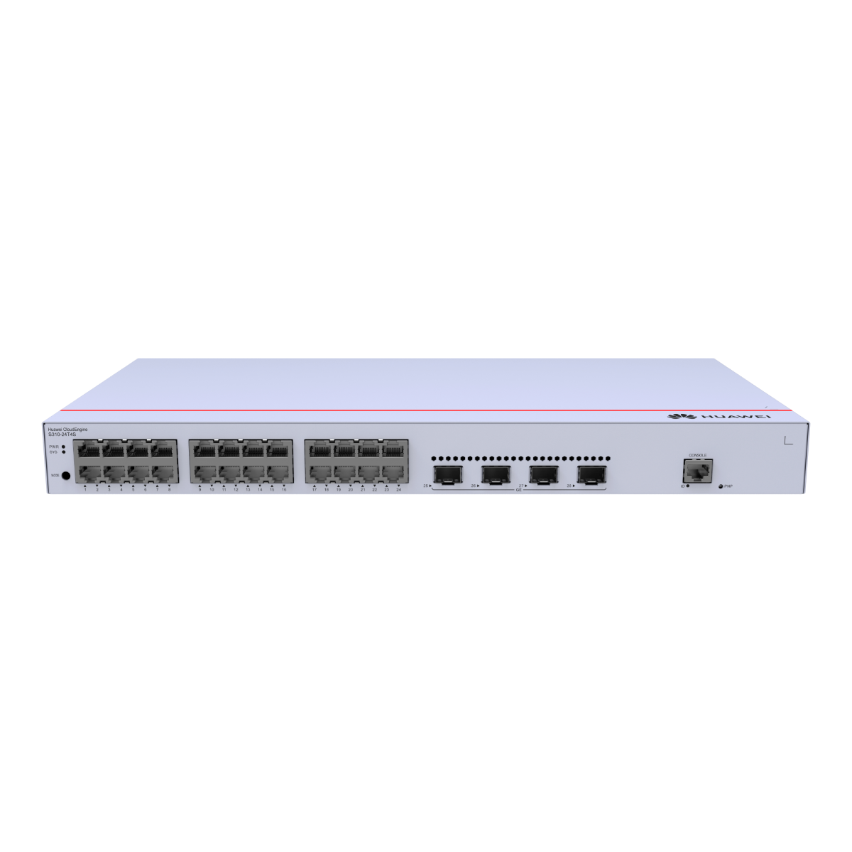 Çok sayıda porta sahip beyaz bir Huawei CloudEngine 5310-24TB.