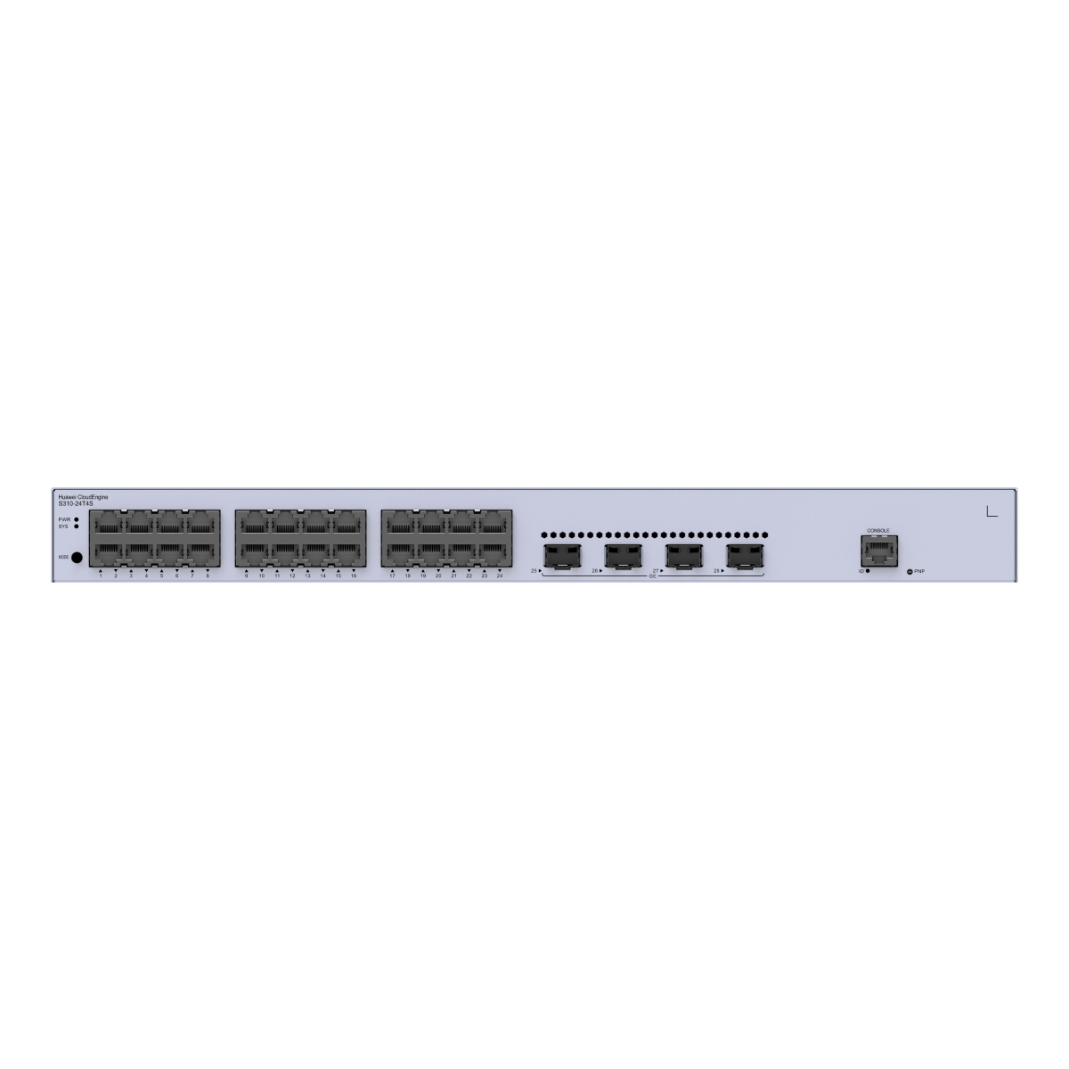 24 Ethernet bağlantı noktasına ve ek konektörlere sahip gümüş renkli ağ anahtarı.