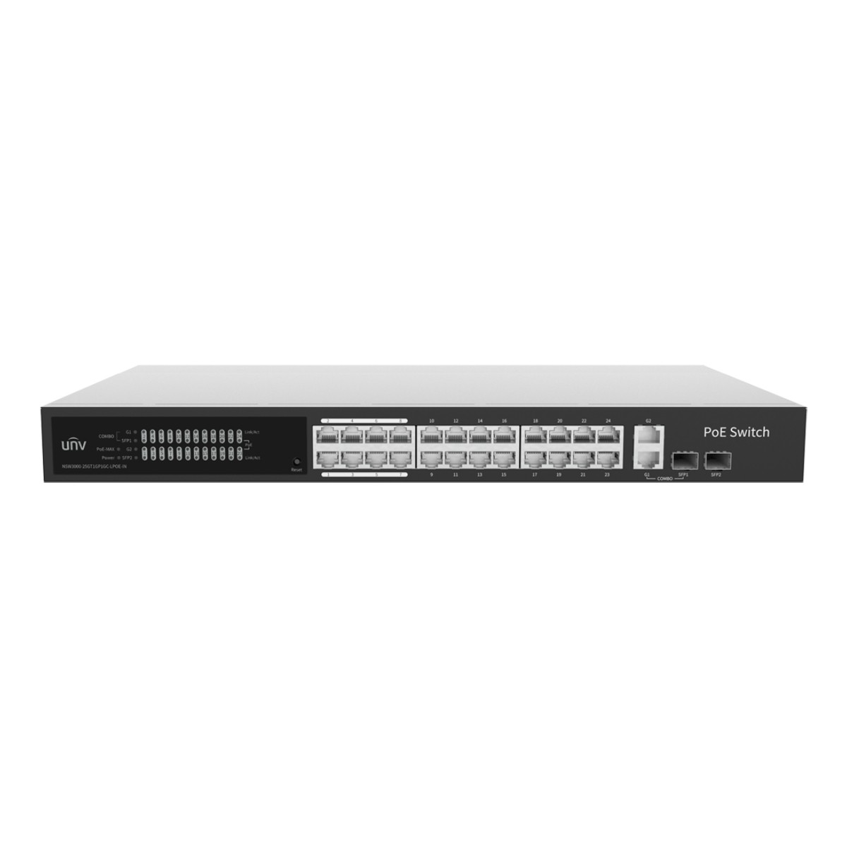 Uno switch PoE nero da 24 porte con chassis argentato e porte visibili.